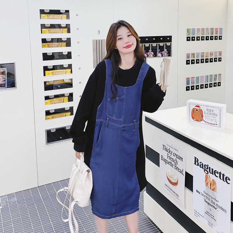 Color-Blocking Spliced Faux Two-Piece Denim Dress for Women - Casual Loose Fit, Spring Autumn 2025 Fashion