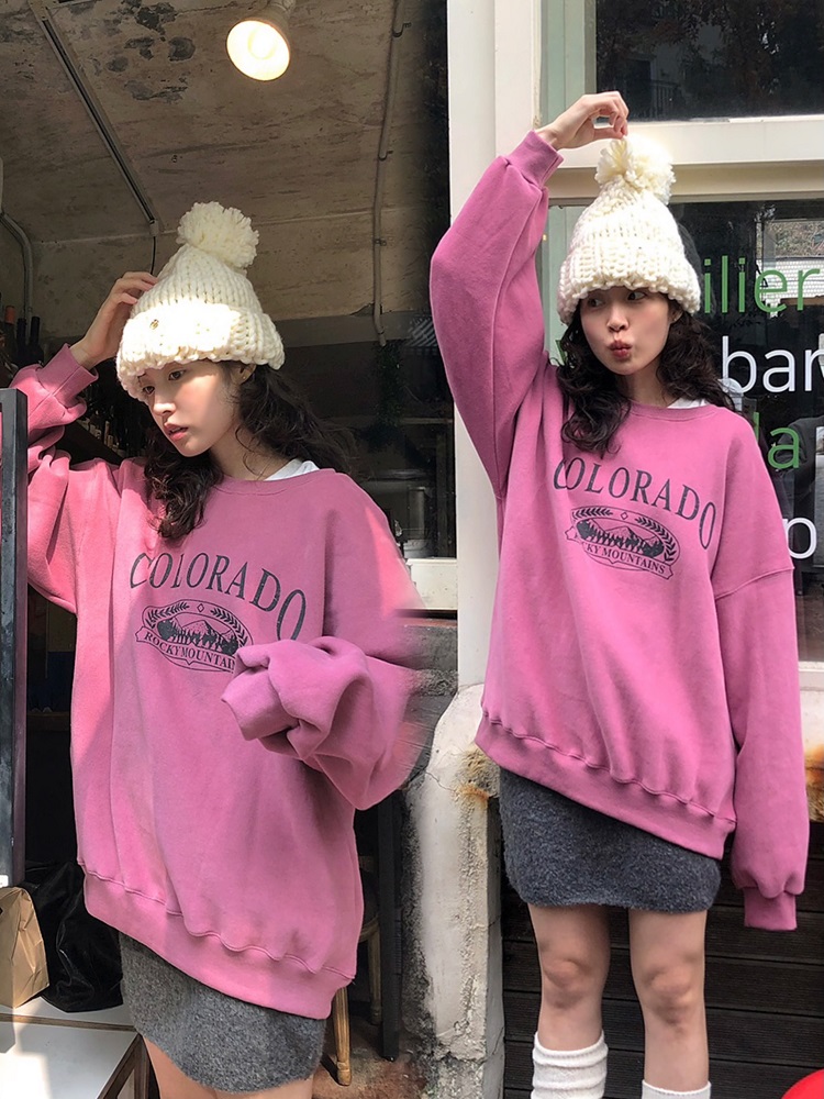 Colorado Plum Powder Fleece-Lined Winter Sweatshirt - Loose Fit Korean Style Sportswear for Ultimate Warmth