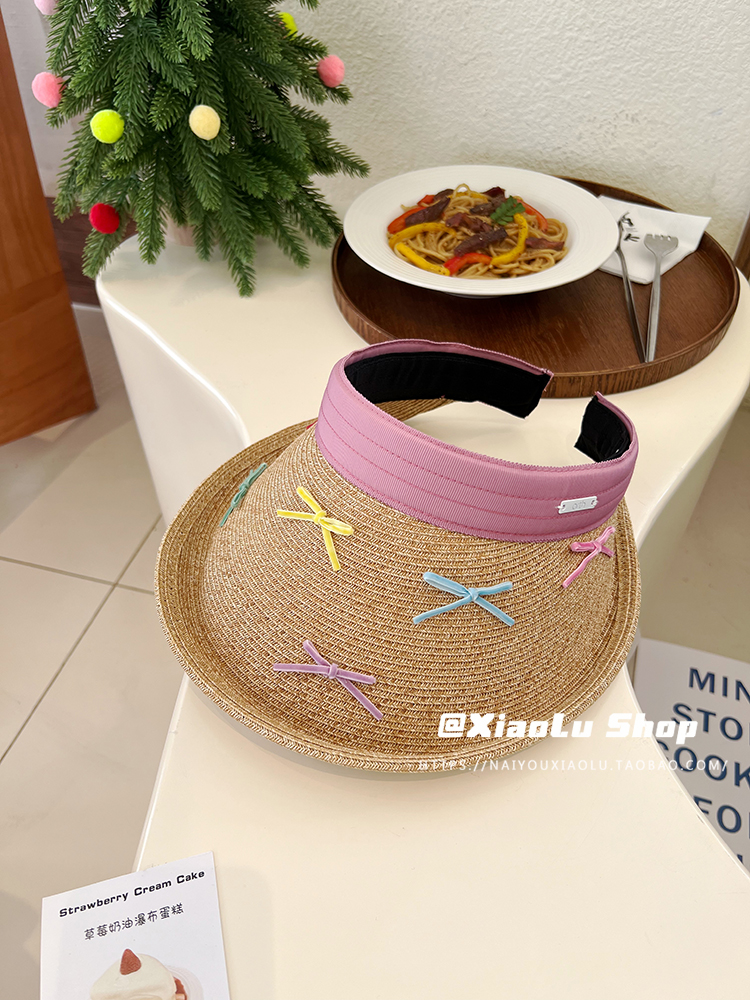 Colorful Bow Sun Hat for Girls - Woven Straw Open-Top Beach Vacation Sunshade, Perfect for Summer Fun and Outdoor Adventures