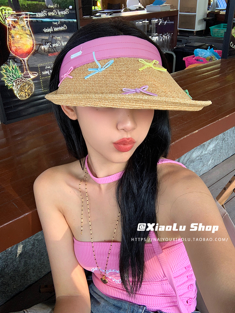 Colorful Bow Sun Hat for Girls - Woven Straw Open-Top Beach Vacation Sunshade, Perfect for Summer Fun and Outdoor Adventures
