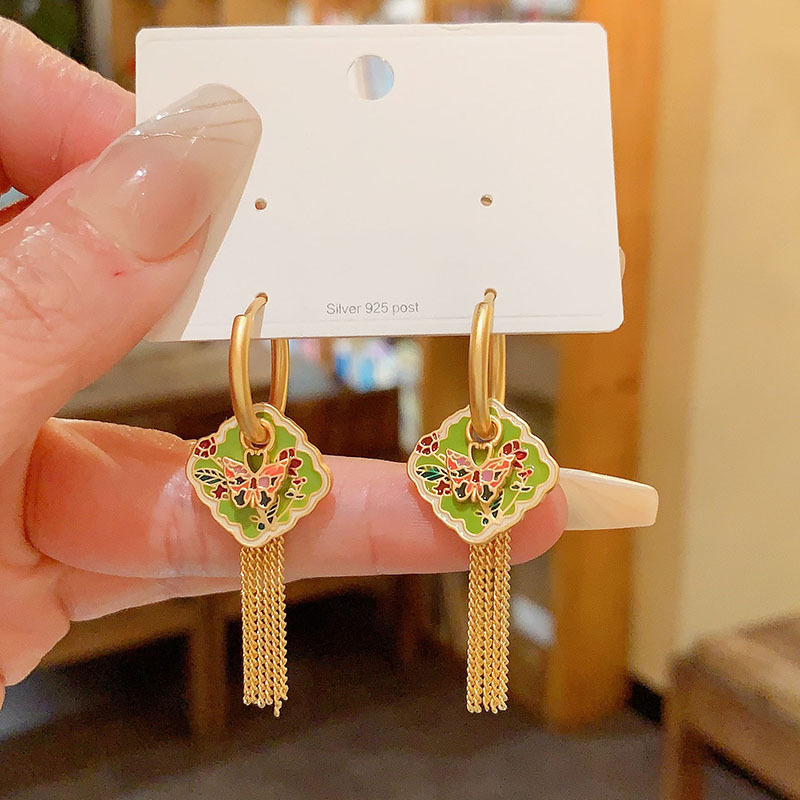 Colorful Butterfly Tassel Earrings for Women, Long Oil Drop Design, Chinese Style, High-End Temperament, Trendy National Fashion