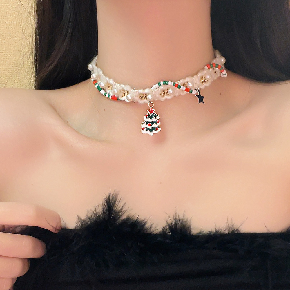 Colorful Christmas Snowflake Plush Necklace | Pearl Choker Heart Pendant Collarbone Chain for Festive New Year Accessories Colorful Christmas Snowflake Plush Necklace | Pearl Choker Heart Pendant Collarbone Chain for Festive New Year Accessories