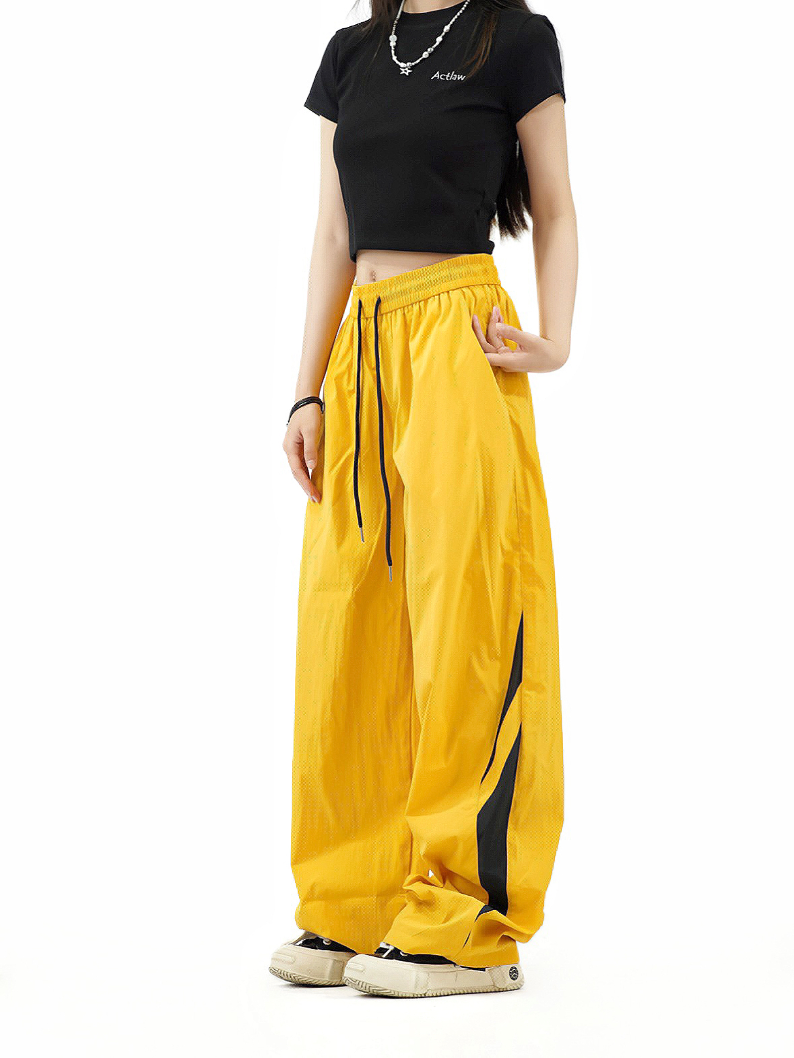 Colorful Color-Blocking Wide-Leg Loose Long Pants for Women - Retro American Summer Nylon Sports Casual Style Colorful Color-Blocking Wide-Leg Loose Long Pants for Women - Retro American Summer Nylon Sports Casual Style