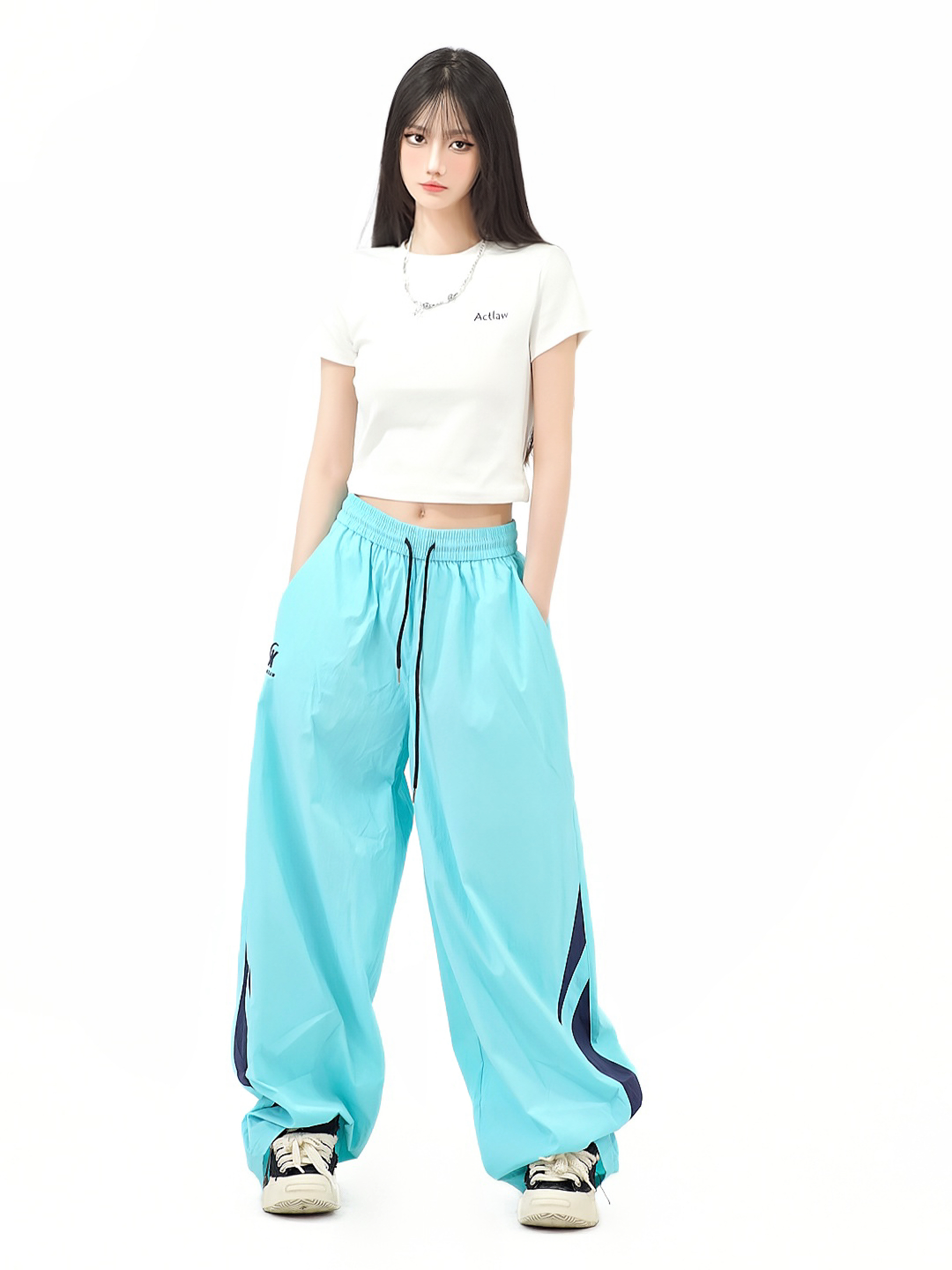 Colorful Color-Blocking Wide-Leg Loose Long Pants for Women - Retro American Summer Nylon Sports Casual Style Colorful Color-Blocking Wide-Leg Loose Long Pants for Women - Retro American Summer Nylon Sports Casual Style