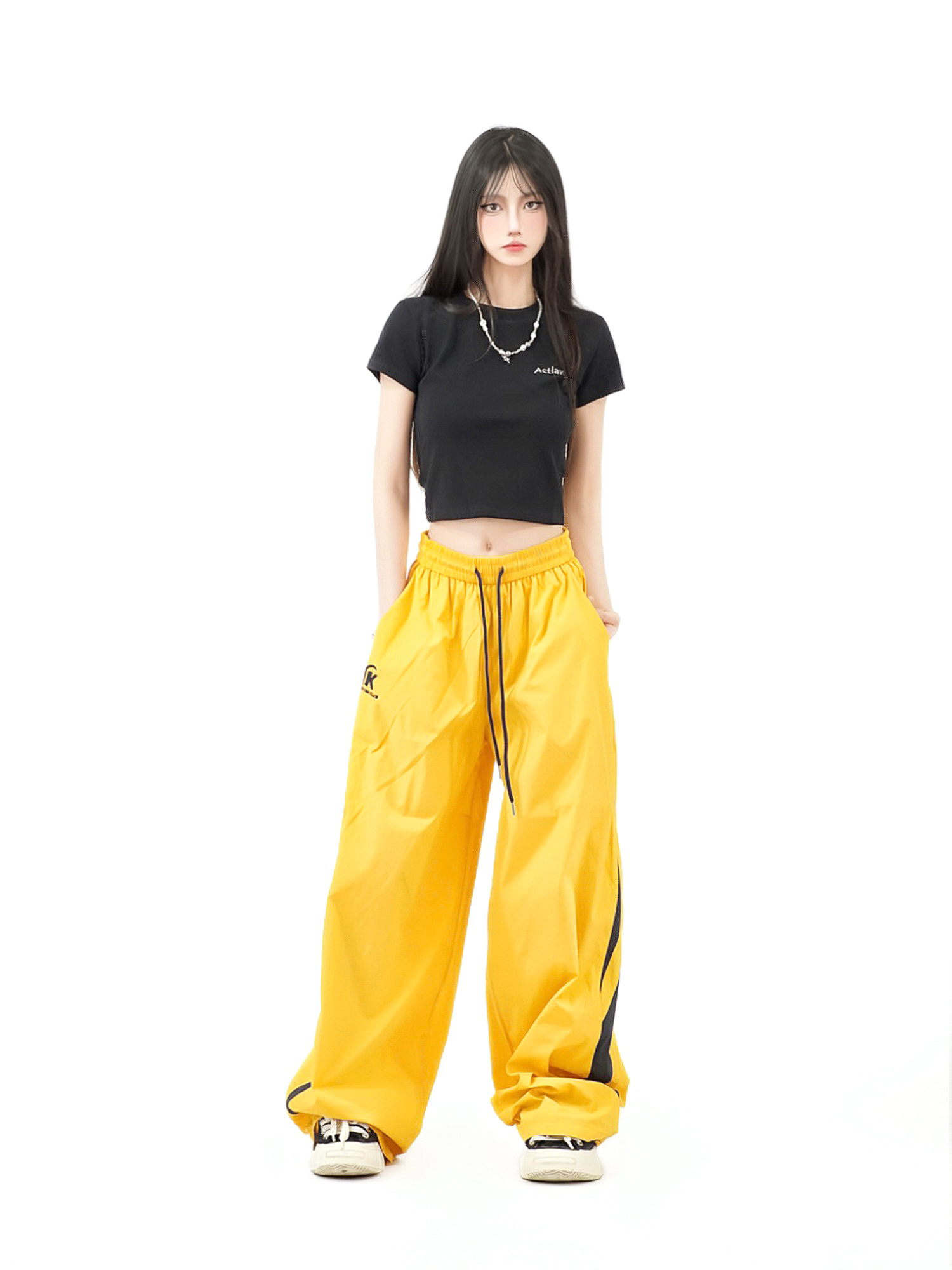 Colorful Color-Blocking Wide-Leg Loose Long Pants for Women - Retro American Summer Nylon Sports Casual Style