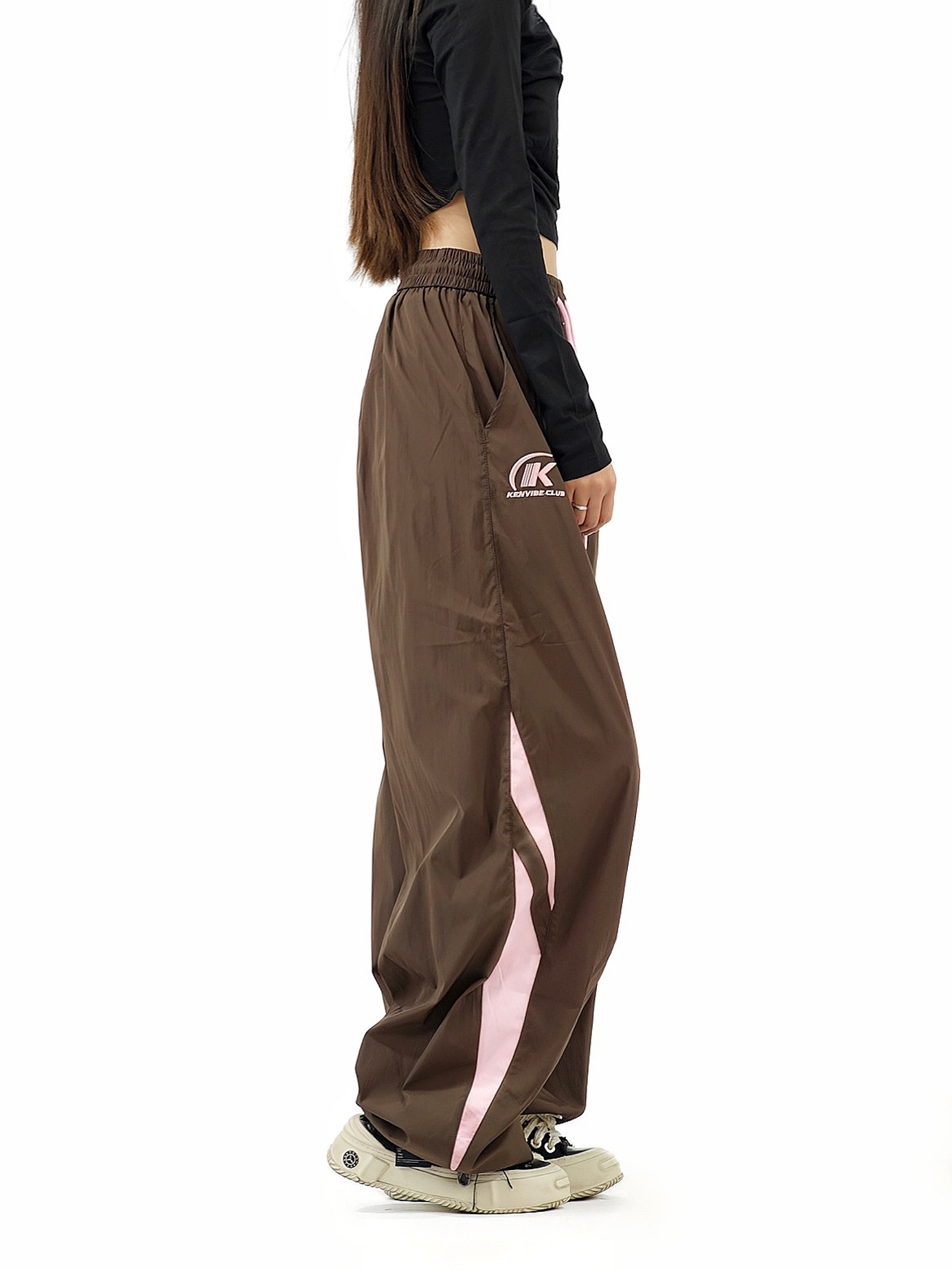 Colorful Color-Blocking Wide-Leg Loose Long Pants for Women - Retro American Summer Nylon Sports Casual Style Colorful Color-Blocking Wide-Leg Loose Long Pants for Women - Retro American Summer Nylon Sports Casual Style