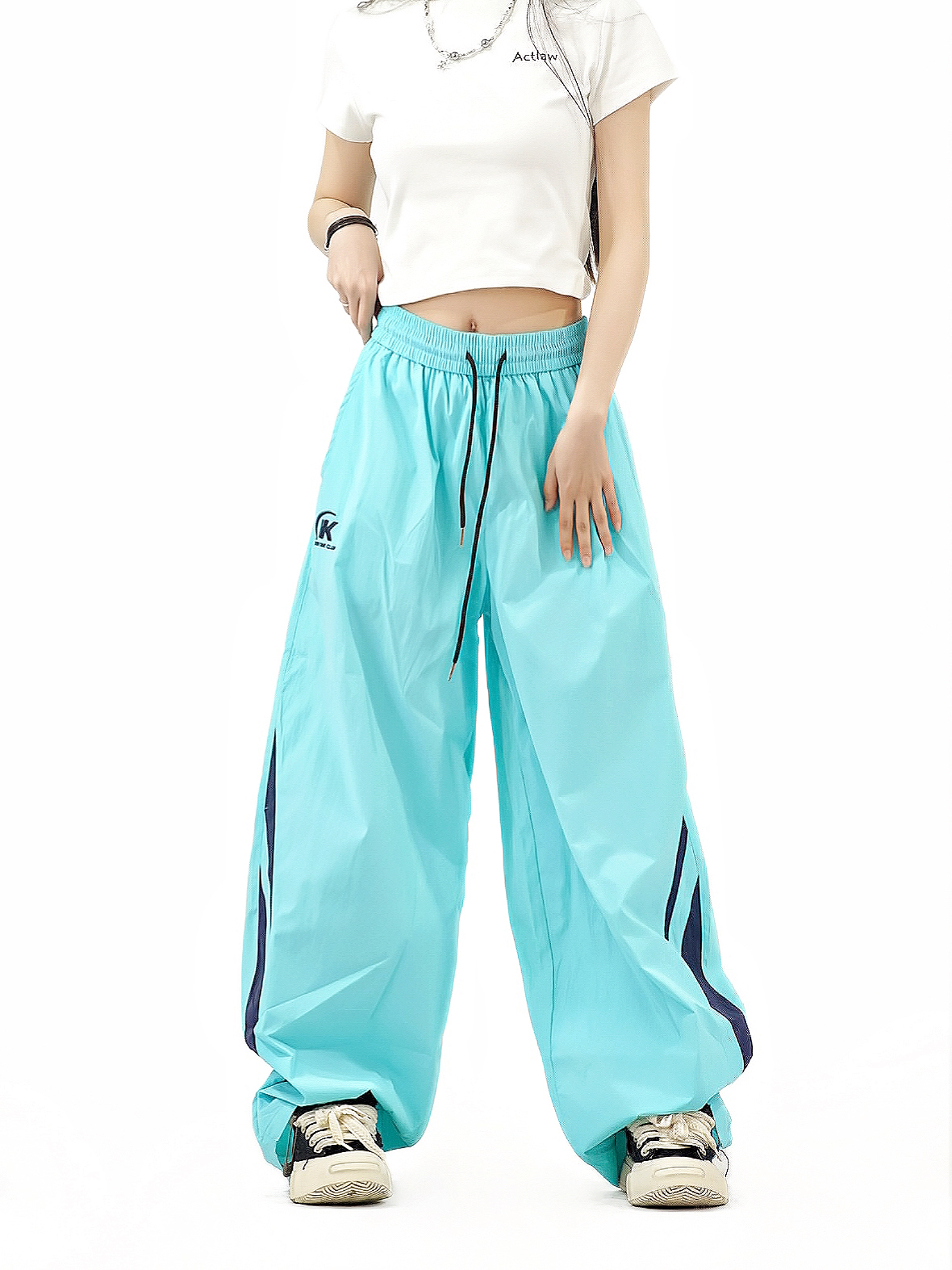 Colorful Color-Blocking Wide-Leg Loose Long Pants for Women - Retro American Summer Nylon Sports Casual Style Colorful Color-Blocking Wide-Leg Loose Long Pants for Women - Retro American Summer Nylon Sports Casual Style