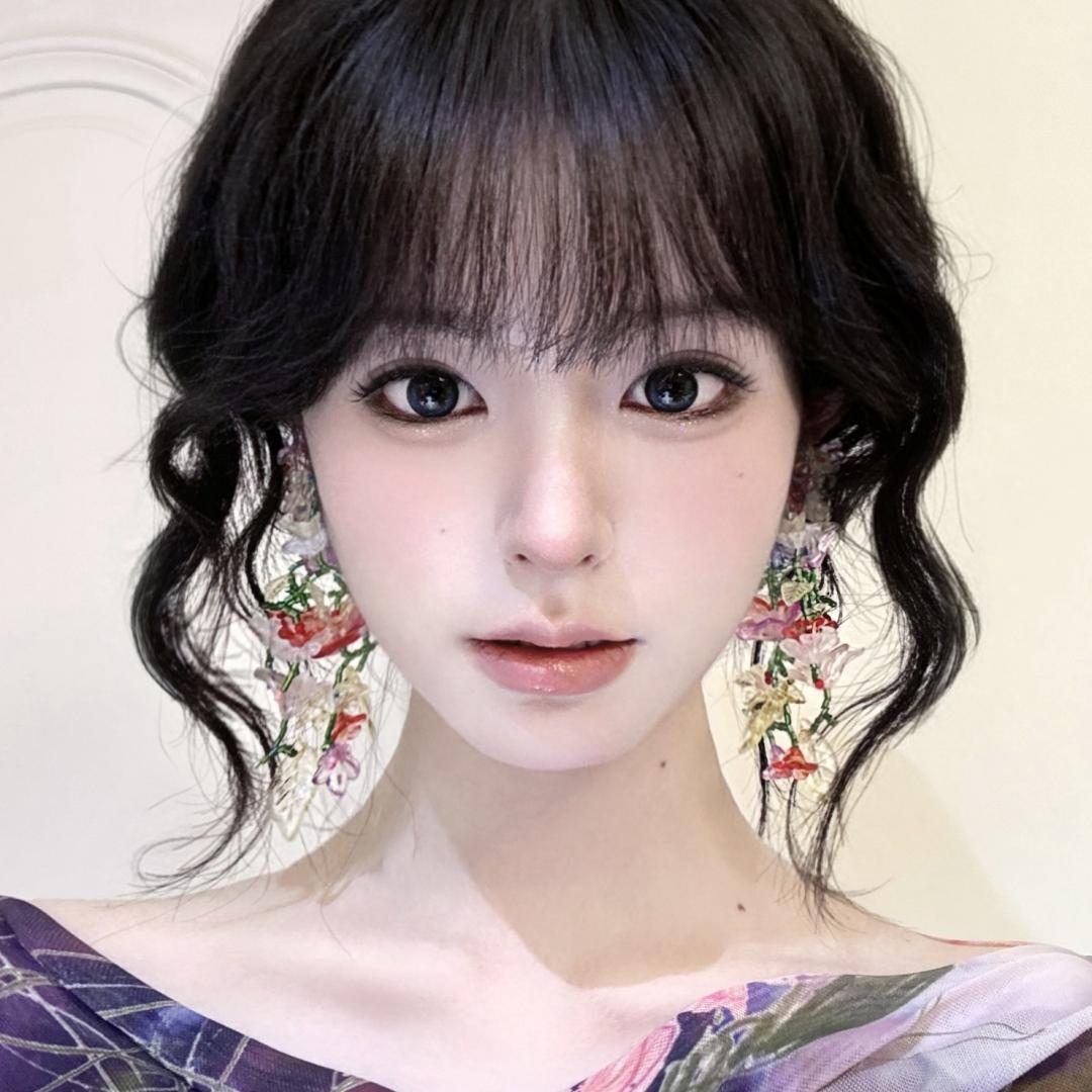 Colorful Floral Tassel Cluster Earrings for Girls - Long Romantic Crystal Ear Clips in Pastoral Forest Style for Vacation Wear