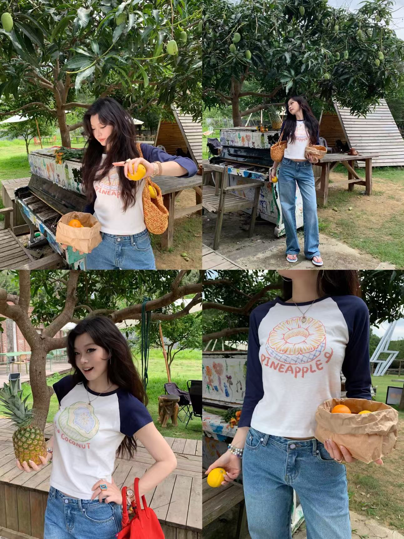 Colorful Fruit Print T-Shirt - Comfortable Snowflake Cotton, Three-Color Design, Fun Summer Style, Y2K Inspired Fashion Colorful Fruit Print T-Shirt - Comfortable Snowflake Cotton, Three-Color Design, Fun Summer Style, Y2K Inspired Fashion