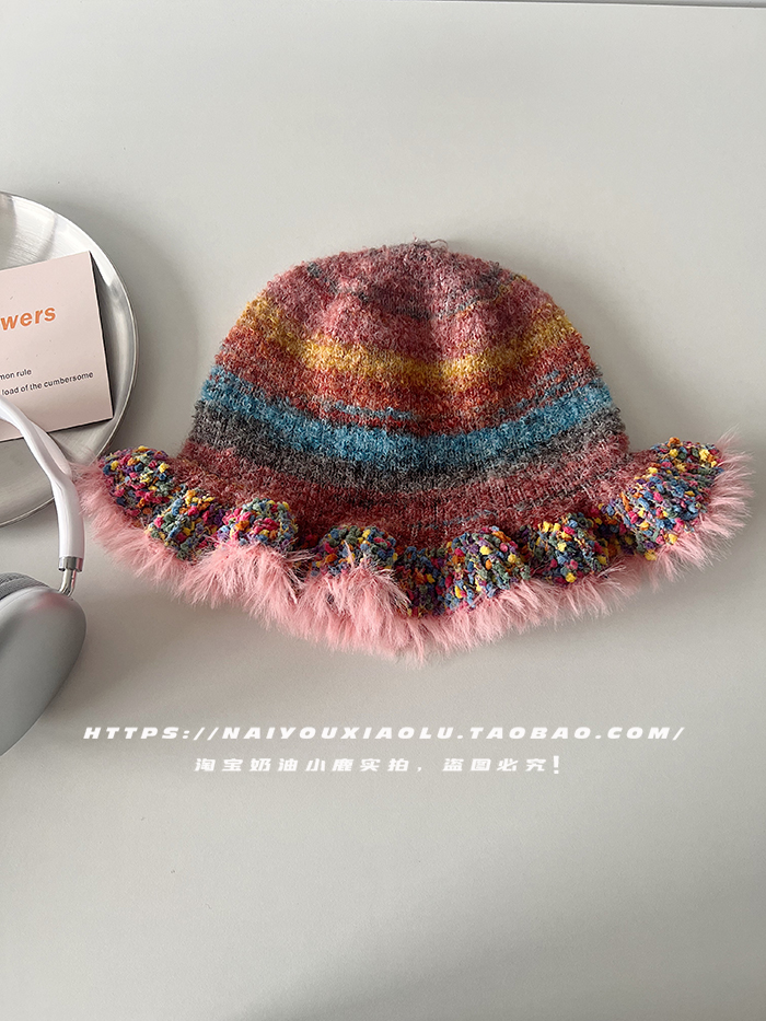 Colorful Heart Lace Edge Knitted Fisherman Hat for Women - Autumn Winter Woolen Bucket Hat, Trendy 90s Y2K Style