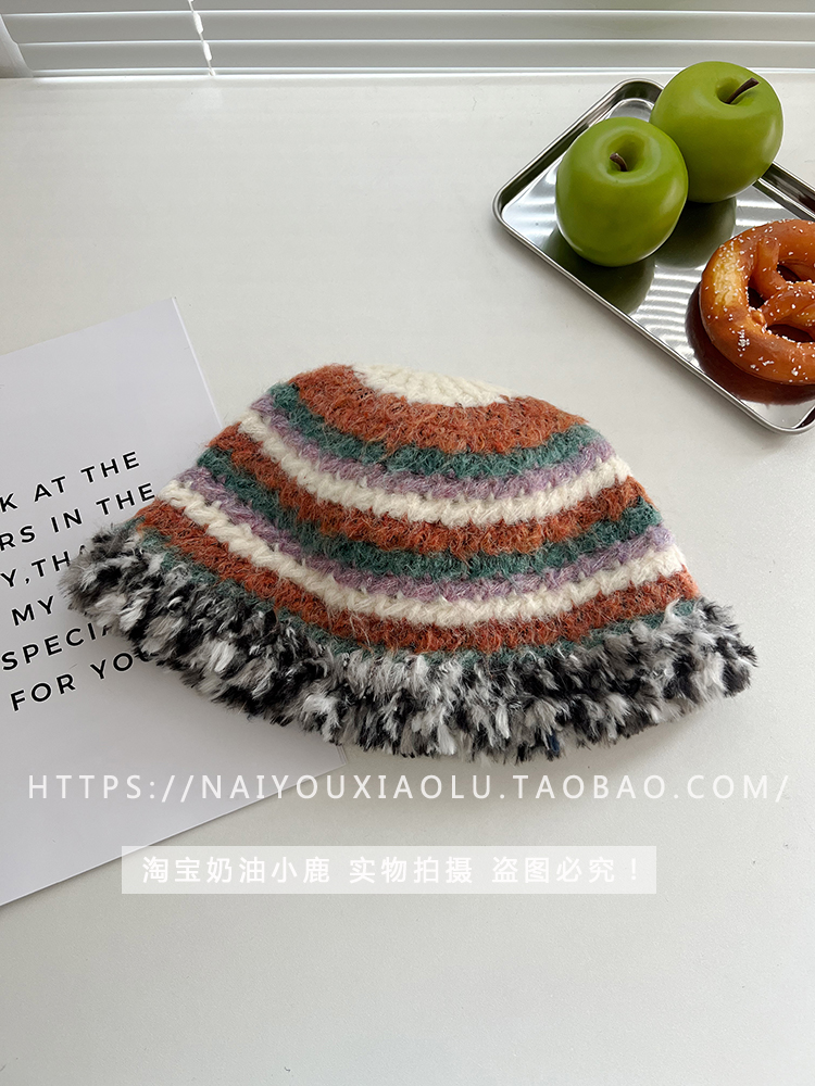 Colorful Knitted Plush Fisherman's Hat for Women - Retro Warm Ear Protection Beanie for Autumn and Winter, Trendy Small Face Style