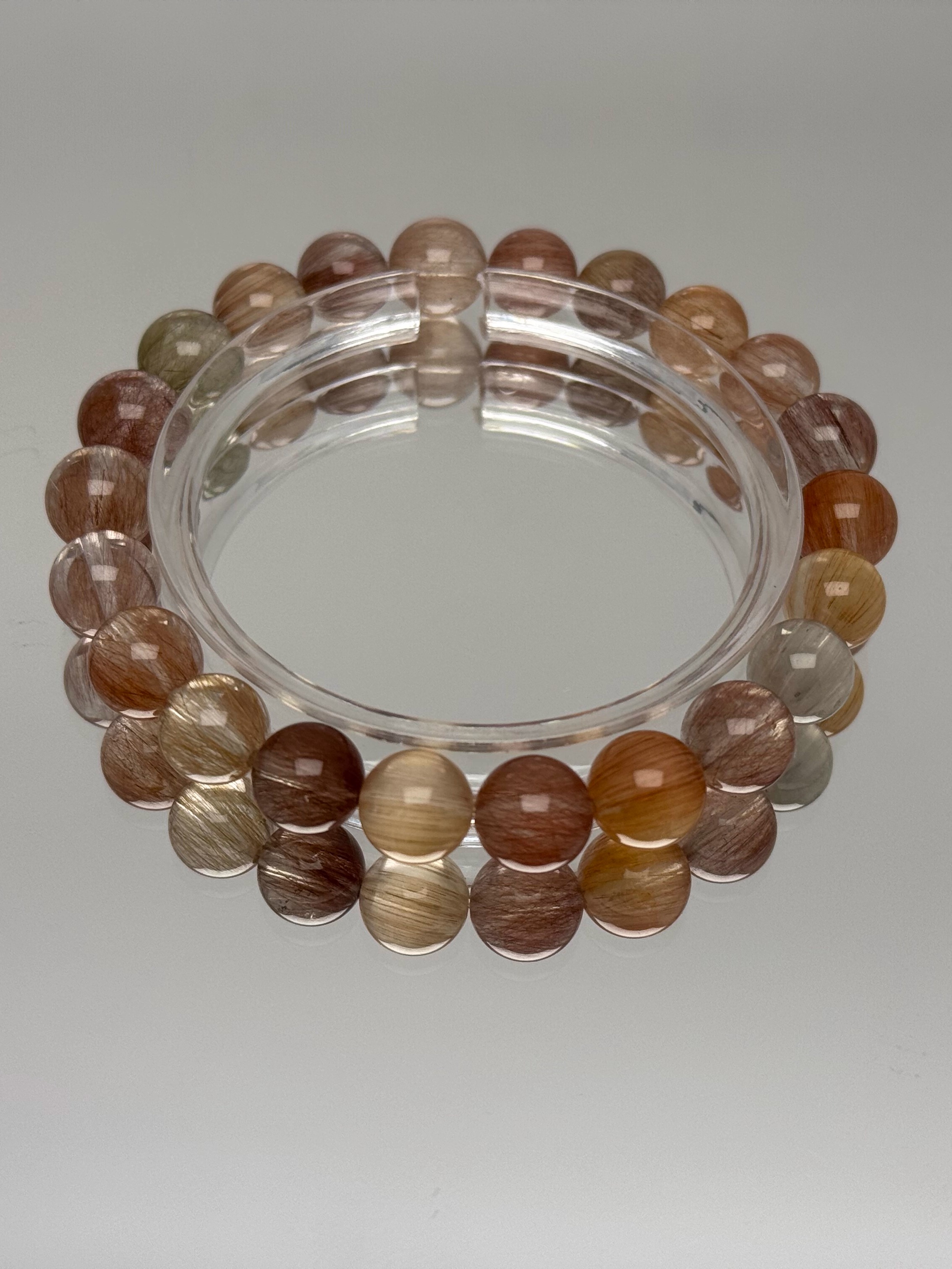 Colorful Rabbit Fur Crystal Bracelet with Steel Wire and Natural Brushed Beads - Red, Pink, Gray Fur - Chic Boho Style Accessory