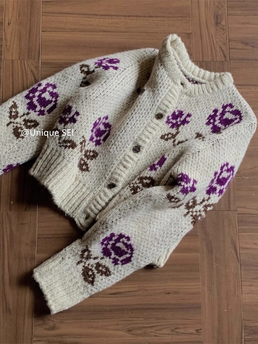 Colorful Rose Pattern Knitted Cardigan Sweater - Casual Versatile Autumn Winter Layering Piece, Street Style Fashion Colorful Rose Pattern Knitted Cardigan Sweater - Casual Versatile Autumn Winter Layering Piece, Street Style Fashion
