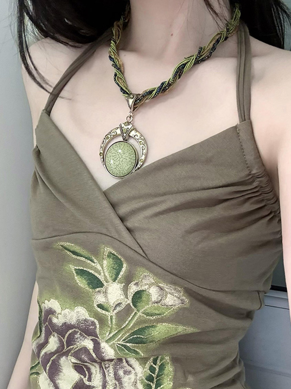 Colorful Summer Vintage Round Pendant Necklace for Women, Bohemian Multi-Layer Winding Neck Chain, Ethnic Style Choker Jewelry