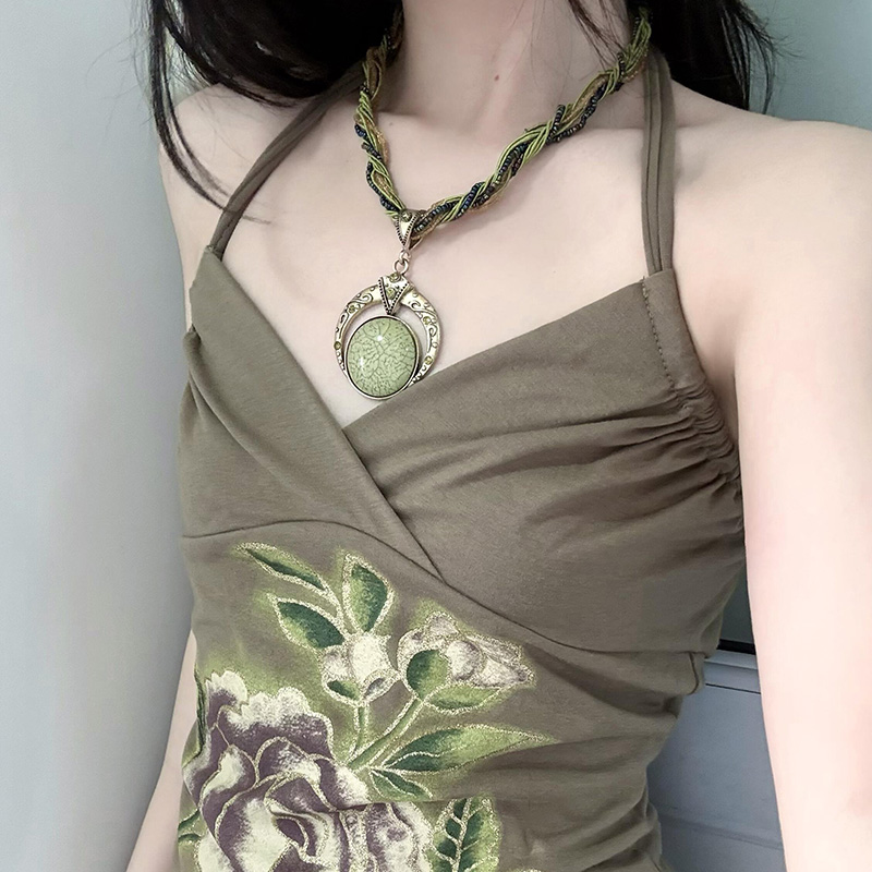 Colorful Summer Vintage Round Pendant Necklace for Women, Bohemian Multi-Layer Winding Neck Chain, Ethnic Style Choker Jewelry