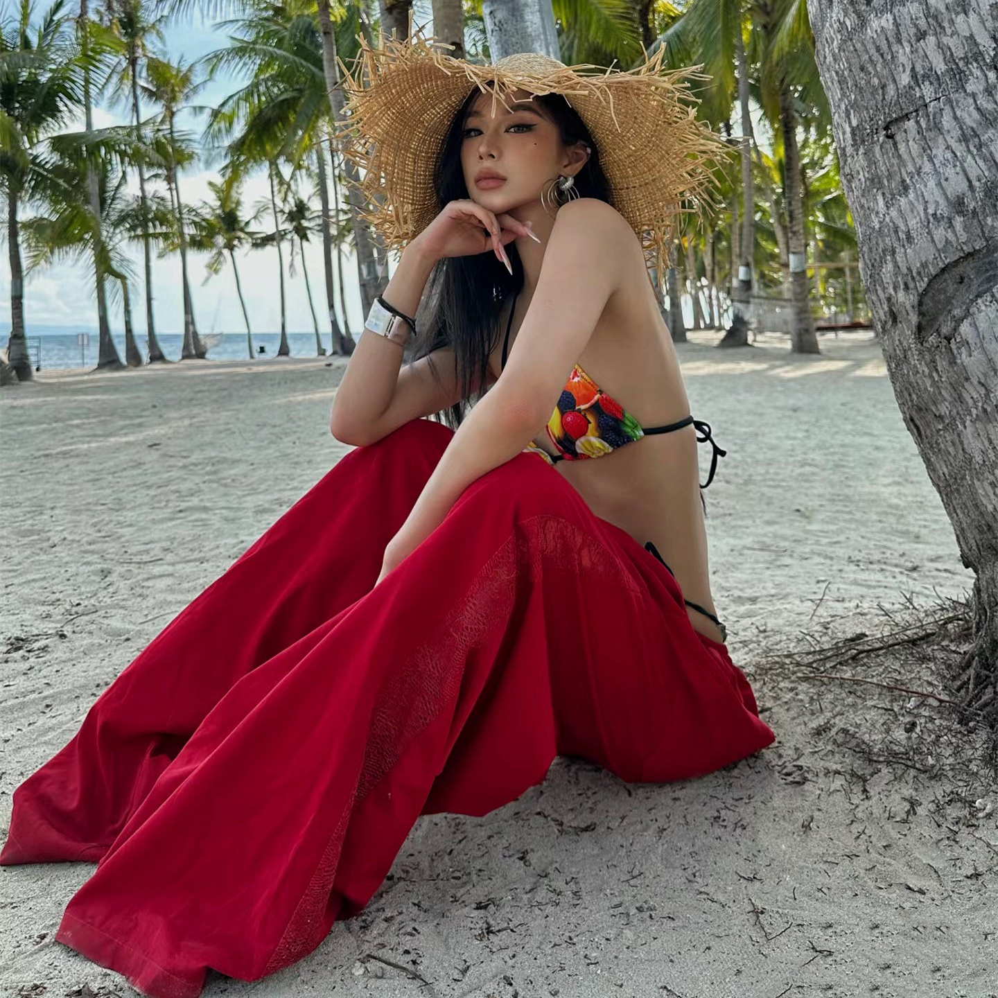 Colorful Tropical Fruit Bikini with Tie-Back & Split Back - Small Chest Gathering Sexy Swimwear for Vacation & Hot Spring Colorful Tropical Fruit Bikini with Tie-Back & Split Back - Small Chest Gathering Sexy Swimwear for Vacation & Hot Spring