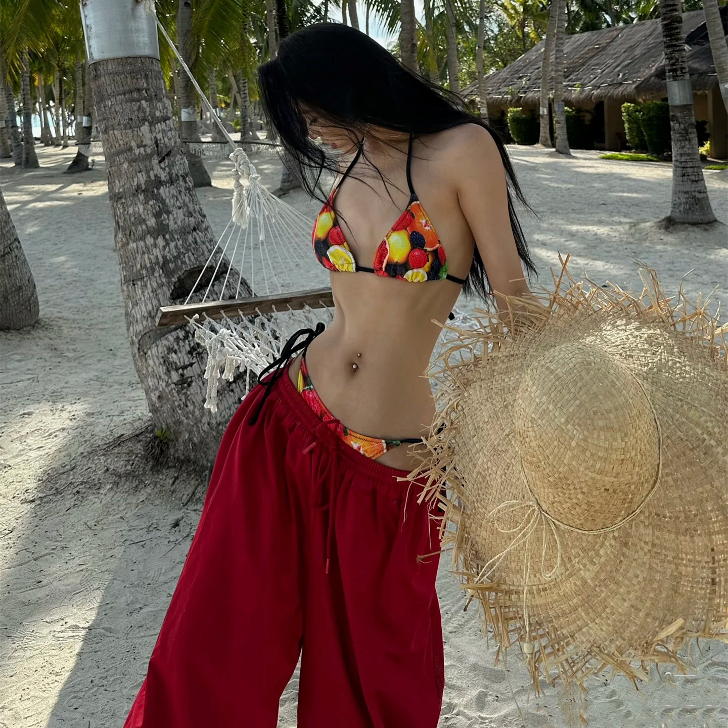 Colorful Tropical Fruit Bikini with Tie-Back & Split Back - Small Chest Gathering Sexy Swimwear for Vacation & Hot Spring