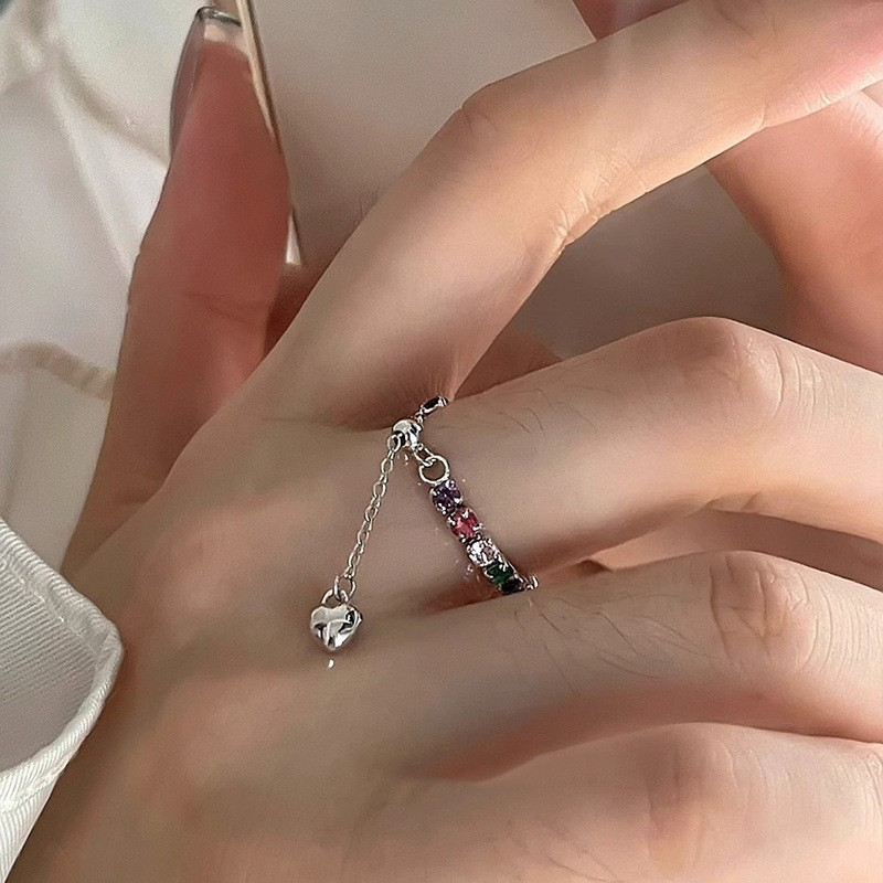 Colorful Zirconia Pull Ring for Women, Adjustable Stacking Design, Minimalist Style, Trendy Niche Fashion Accessory Colorful Zirconia Pull Ring for Women, Adjustable Stacking Design, Minimalist Style, Trendy Niche Fashion Accessory