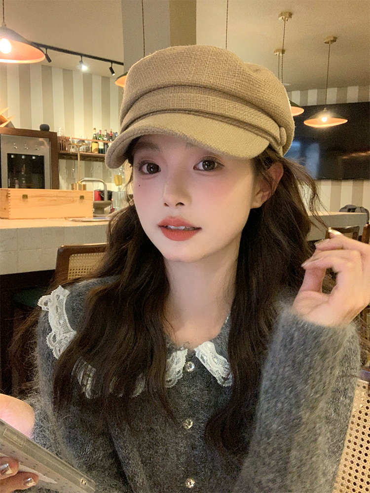 Cotton-Linen Octagonal Hat for Women - Elegant Solid Color Newsboy Cap, Spring Autumn Style, Face-Slimming Design