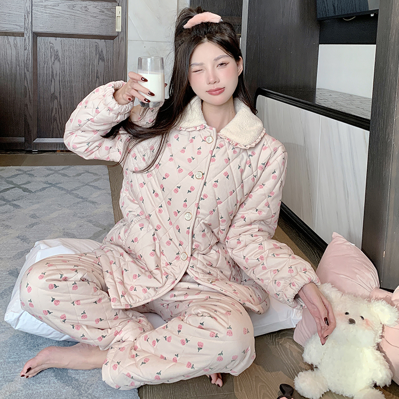 Cozy Coral Fleece Pajamas for Women, Three-Layer Quilted Warm Loungewear Set, Cute Design for Indoor and Outdoor Wear