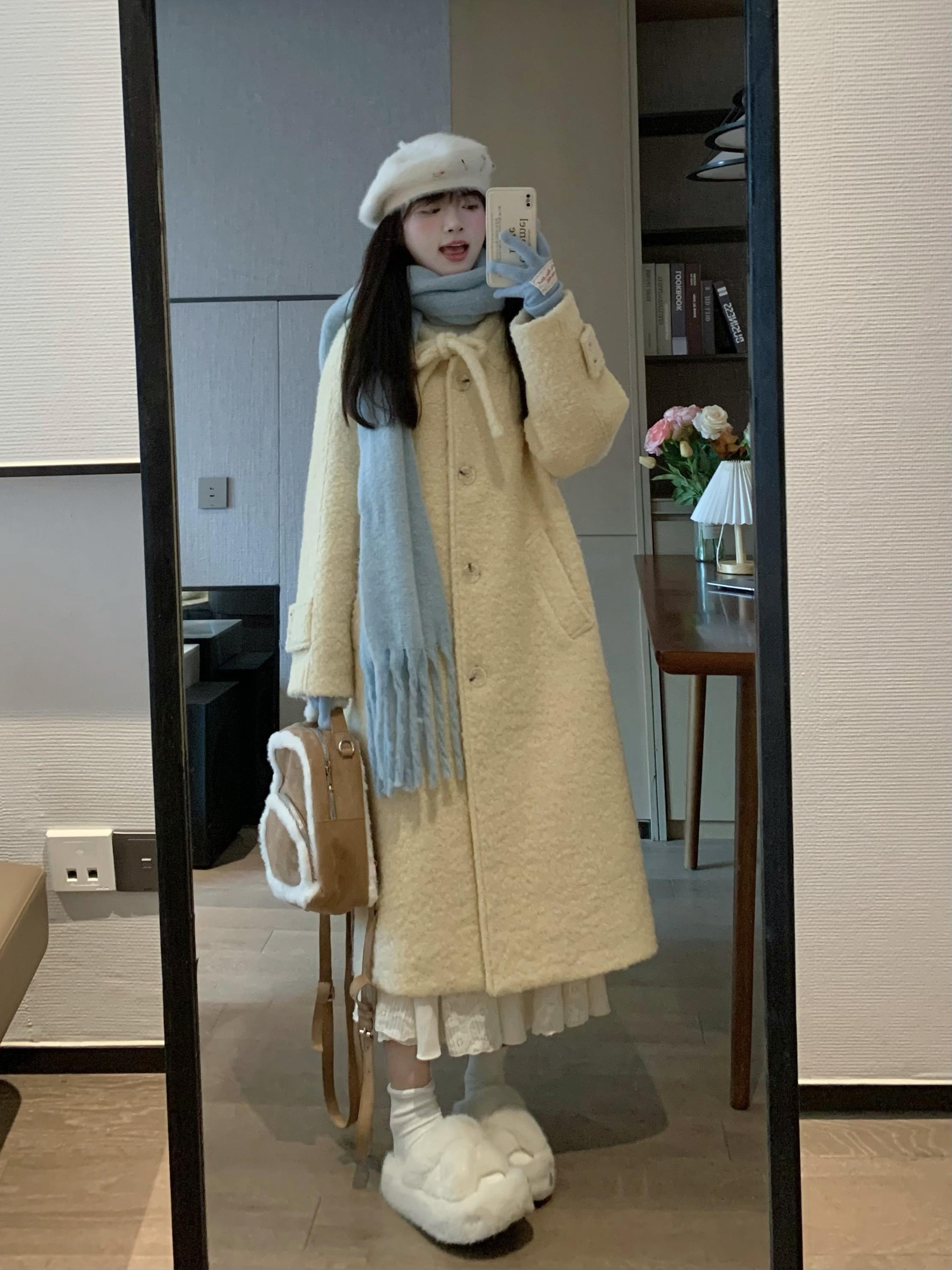 Cozy Long Woolen Coat for Women in Goose Yellow - Plush Thick Circle Design for Autumn and Winter Style Cozy Long Woolen Coat for Women in Goose Yellow - Plush Thick Circle Design for Autumn and Winter Style
