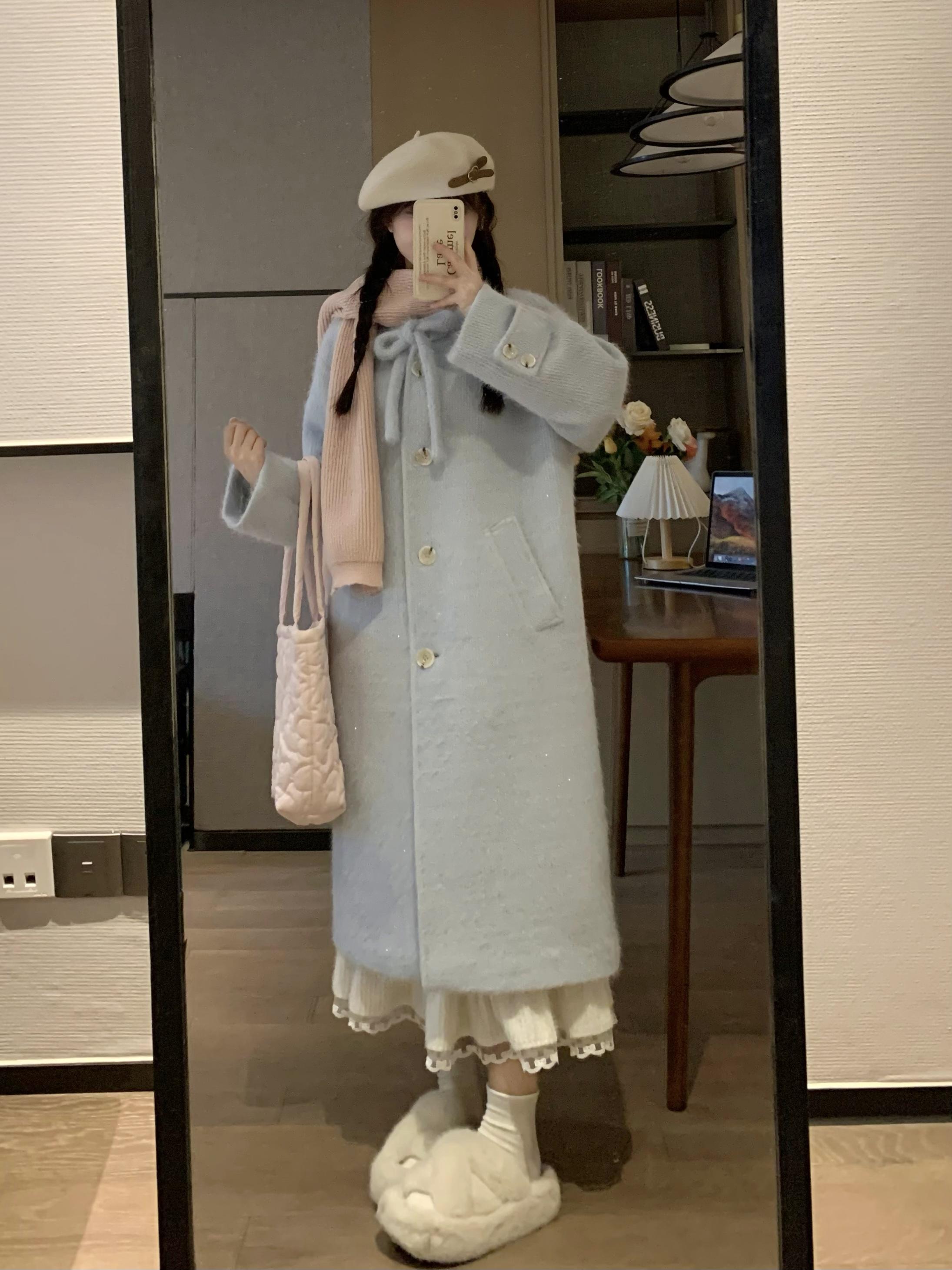 Cozy Long Woolen Coat for Women in Goose Yellow - Plush Thick Circle Design for Autumn and Winter Style Cozy Long Woolen Coat for Women in Goose Yellow - Plush Thick Circle Design for Autumn and Winter Style