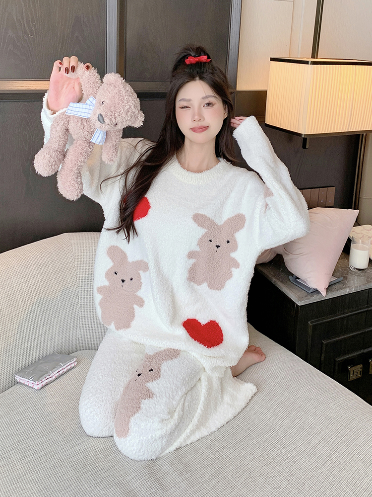 Cozy Women's Coral Fleece Pajamas Set - Cute Half-Side Rabbit Design for Autumn Winter Homewear, Thickened Comfort Cozy Women's Coral Fleece Pajamas Set - Cute Half-Side Rabbit Design for Autumn Winter Homewear, Thickened Comfort