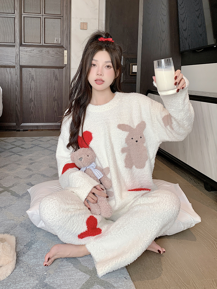 Cozy Women's Coral Fleece Pajamas Set - Cute Half-Side Rabbit Design for Autumn Winter Homewear, Thickened Comfort Cozy Women's Coral Fleece Pajamas Set - Cute Half-Side Rabbit Design for Autumn Winter Homewear, Thickened Comfort