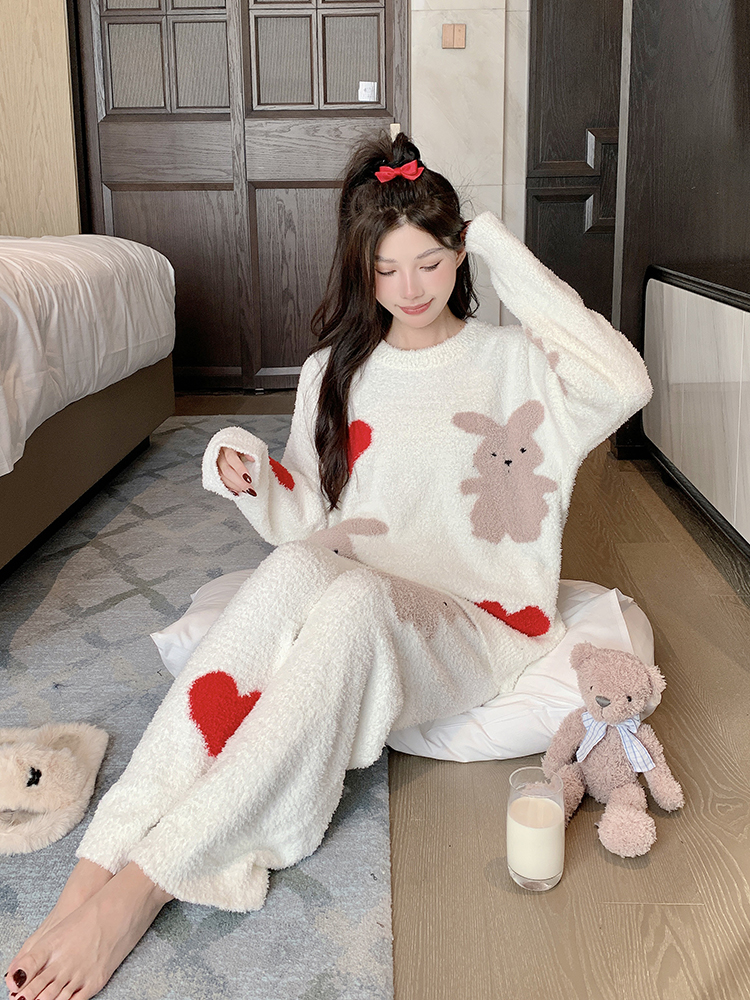 Cozy Women's Coral Fleece Pajamas Set - Cute Half-Side Rabbit Design for Autumn Winter Homewear, Thickened Comfort Cozy Women's Coral Fleece Pajamas Set - Cute Half-Side Rabbit Design for Autumn Winter Homewear, Thickened Comfort