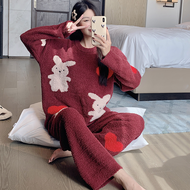 Cozy Women's Coral Fleece Pajamas Set - Cute Half-Side Rabbit Design for Autumn Winter Homewear, Thickened Comfort