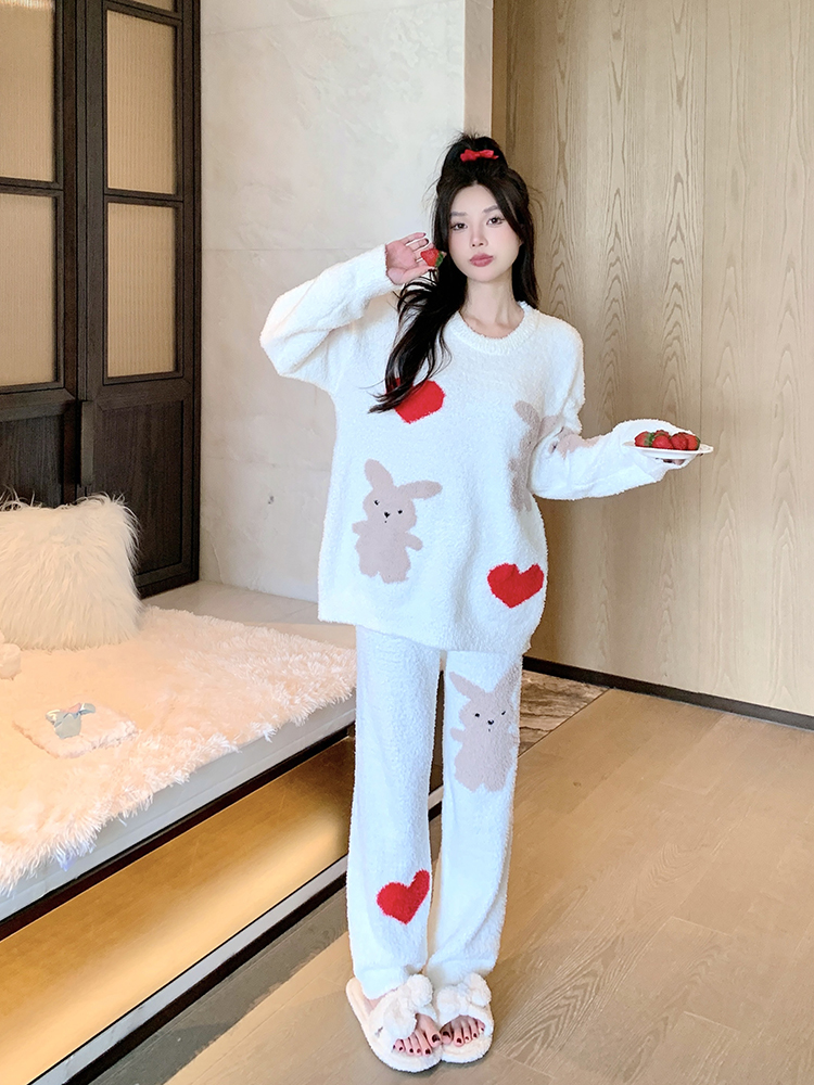 Cozy Women's Coral Fleece Pajamas Set - Cute Half-Side Rabbit Design for Autumn Winter Homewear, Thickened Comfort Cozy Women's Coral Fleece Pajamas Set - Cute Half-Side Rabbit Design for Autumn Winter Homewear, Thickened Comfort