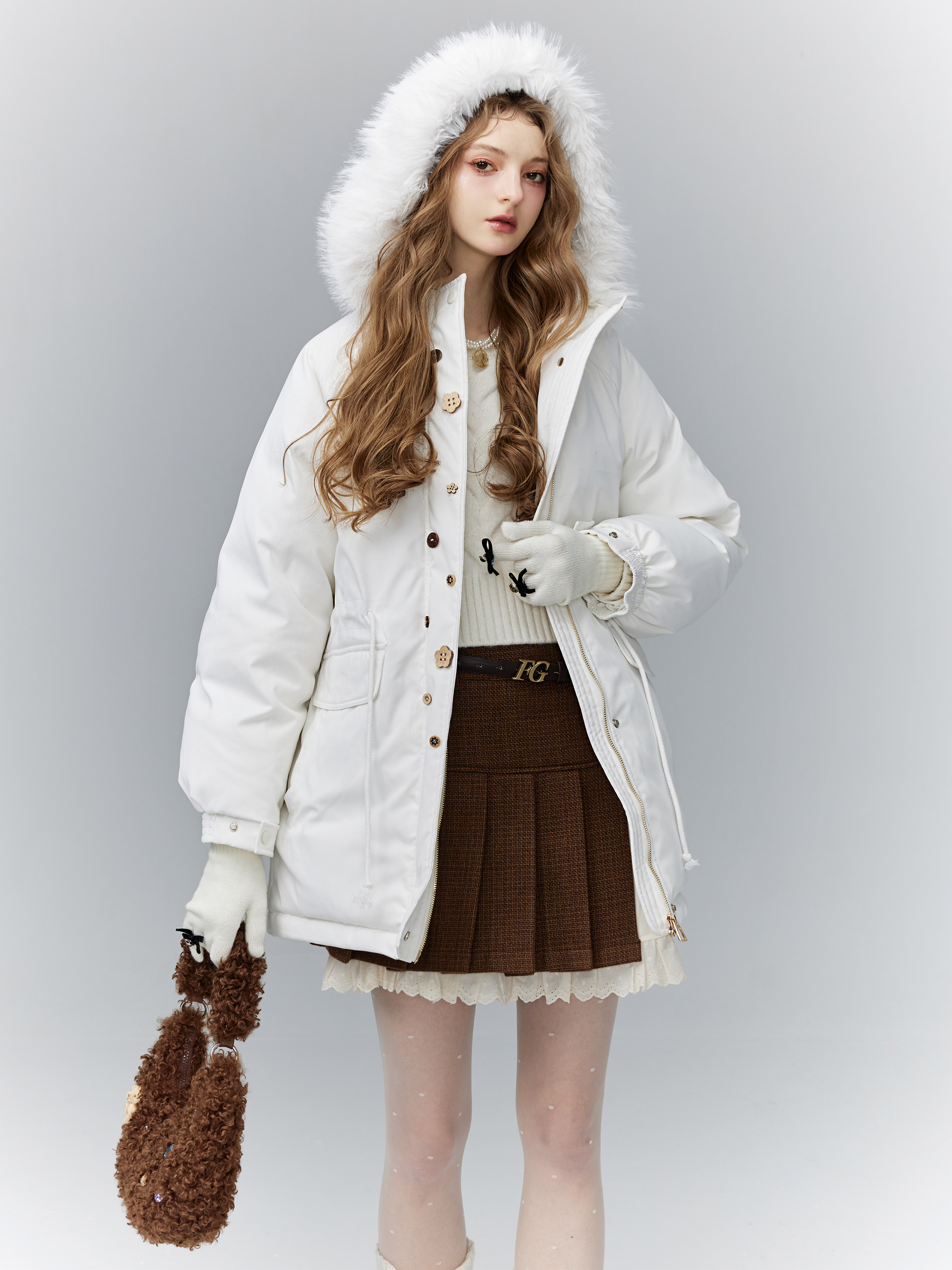 Cream 90s Down Warm Commuter Mid-Length Hooded Jacket for Winter - Cozy & Stylish Outerwear