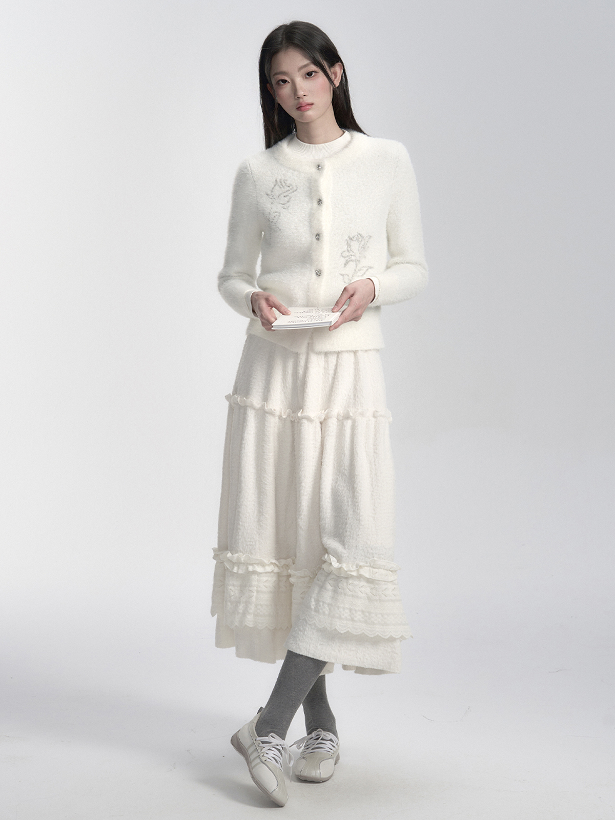 Cream Mousse Rose Print Mink Fur Knitted Cardigan Top - Elegant Women's Layering Piece for Chic Fall Fashion Cream Mousse Rose Print Mink Fur Knitted Cardigan Top - Elegant Women's Layering Piece for Chic Fall Fashion