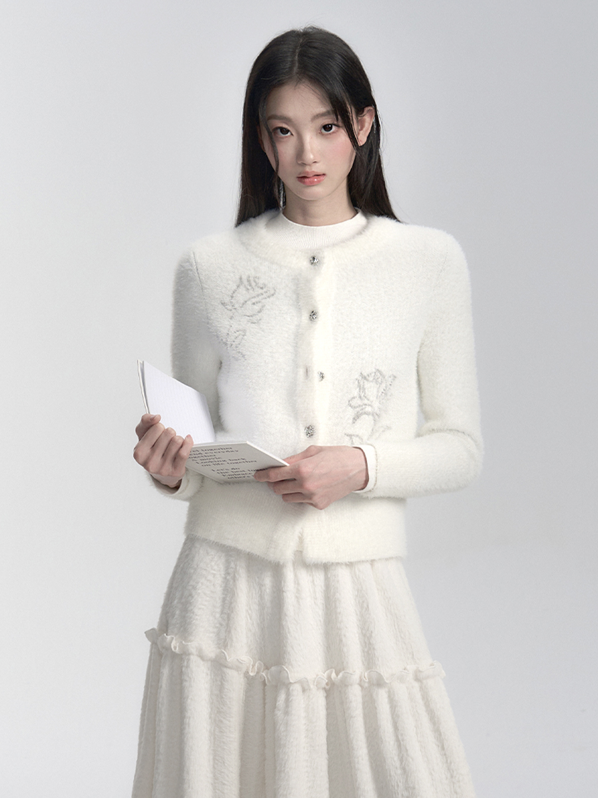 Cream Mousse Rose Print Mink Fur Knitted Cardigan Top - Elegant Women's Layering Piece for Chic Fall Fashion