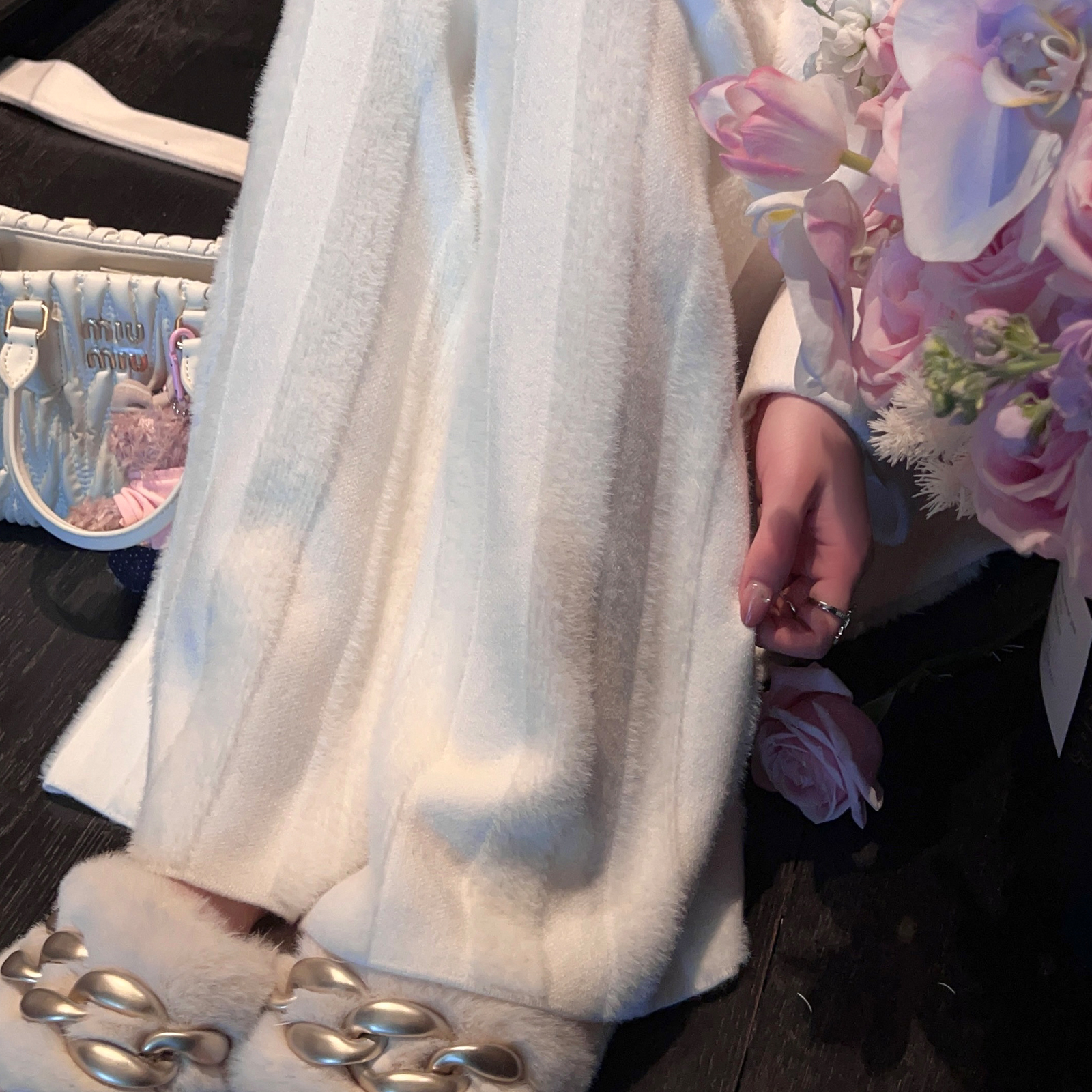 Cream White Faux Mink Velvet Wide-Leg Pants for Women - High Waist Straight Loose Casual Trousers for Spring Fashion