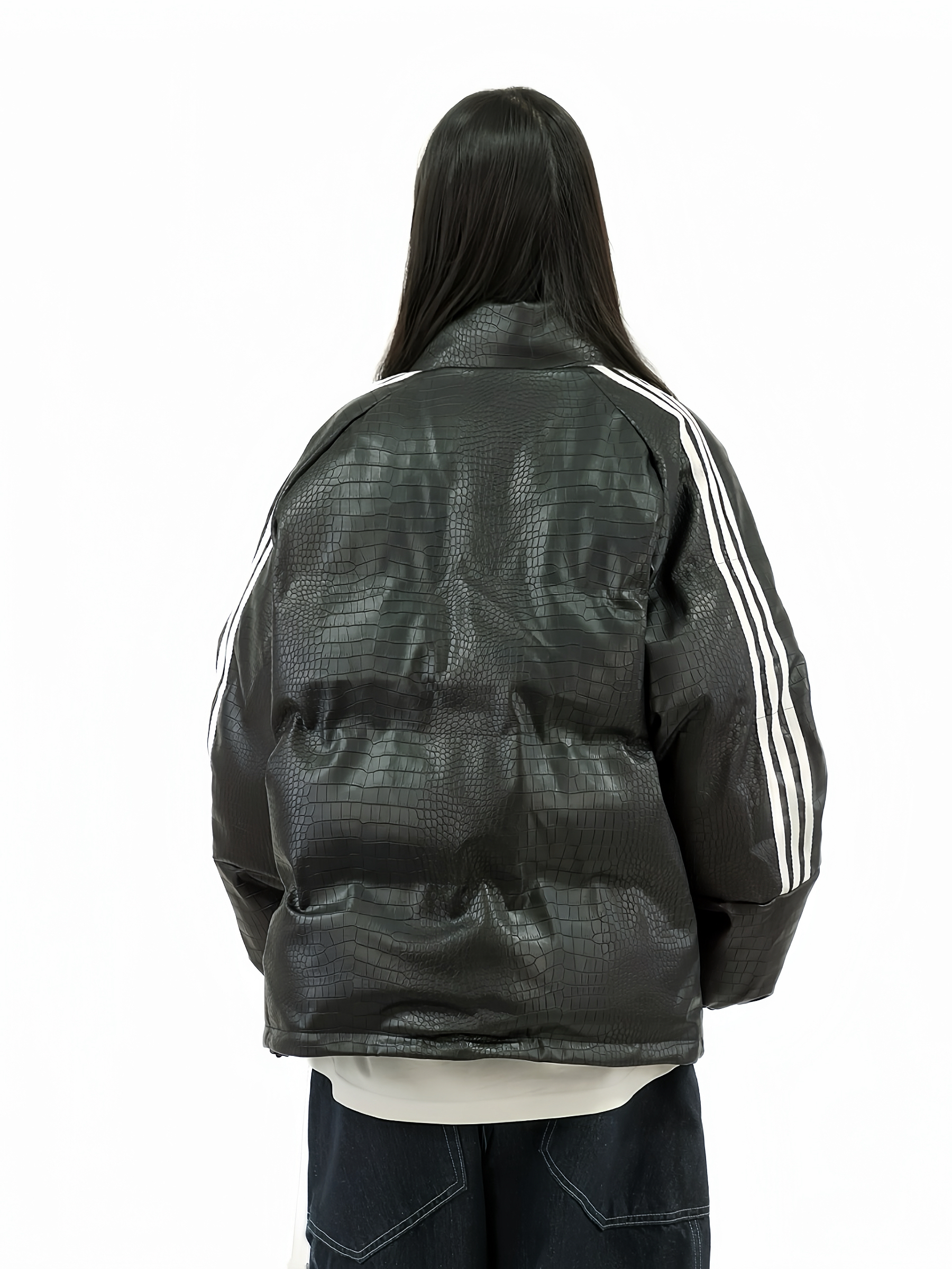 Crocodile Skin Pattern Cotton Jacket with Striped Webbing for Couples - Thickened Winter Coat, Trendy National Style Crocodile Skin Pattern Cotton Jacket with Striped Webbing for Couples - Thickened Winter Coat, Trendy National Style