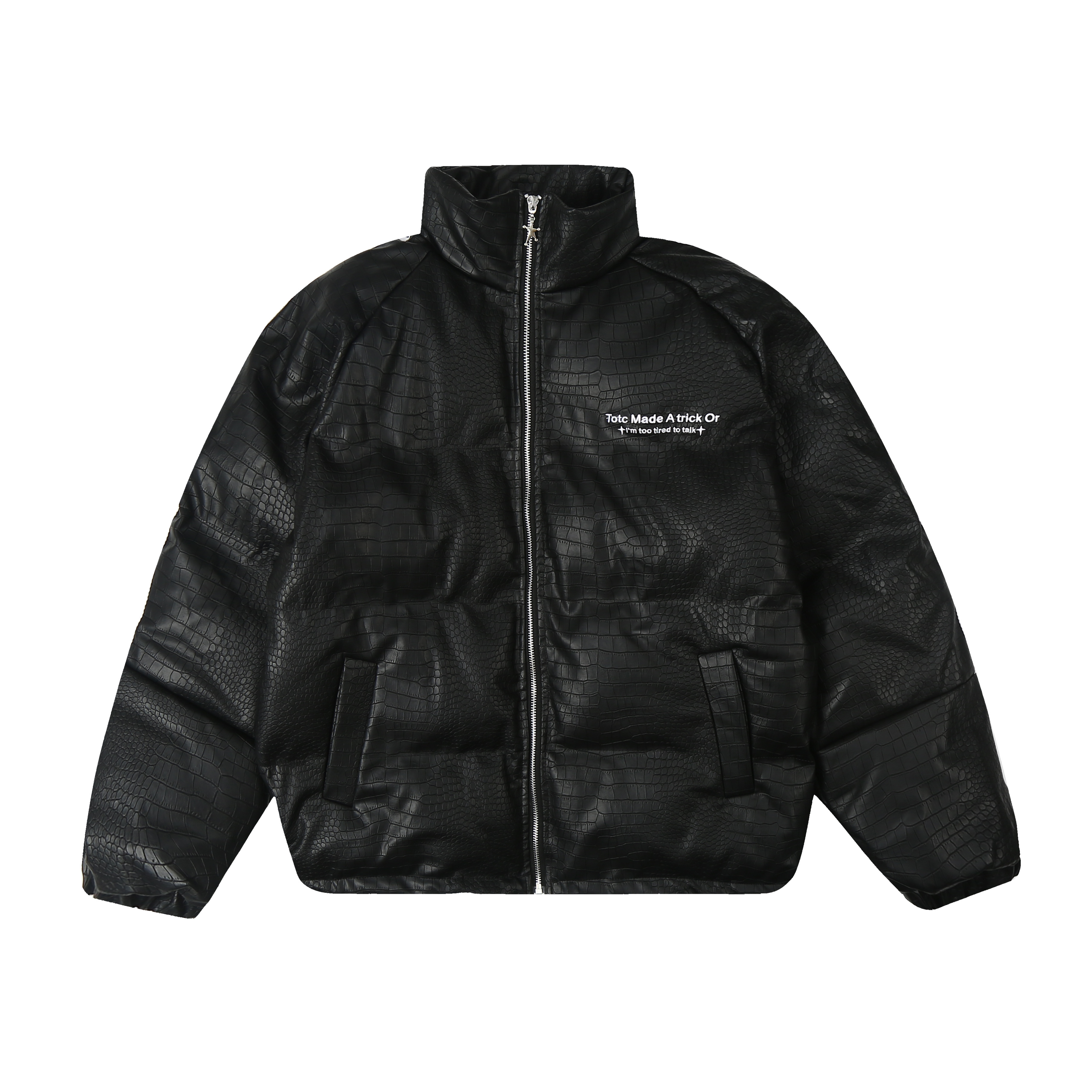 Crocodile Skin Pattern Cotton Jacket with Striped Webbing for Couples - Thickened Winter Coat, Trendy National Style