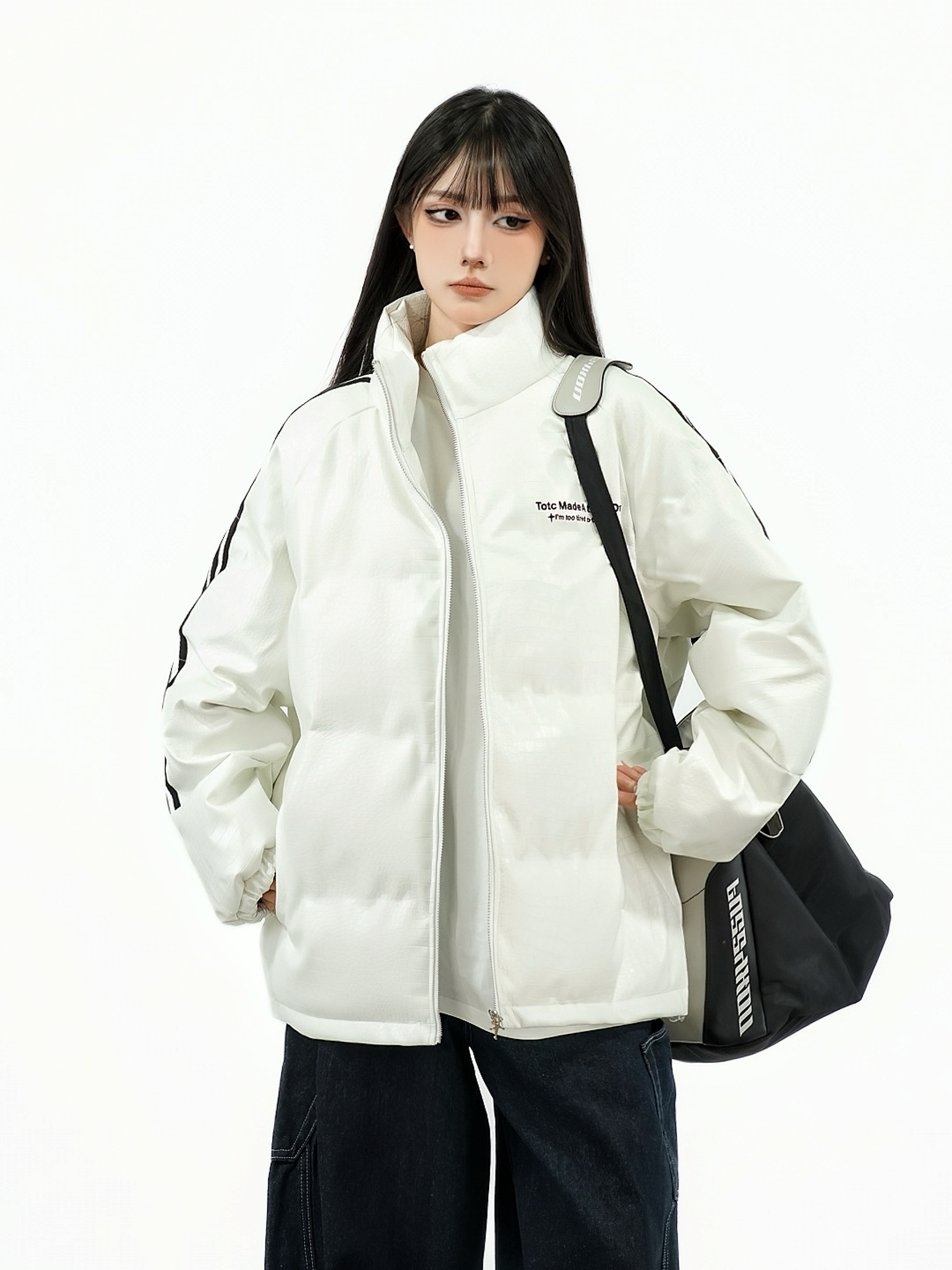 Crocodile Skin Pattern Cotton Jacket with Striped Webbing for Couples - Thickened Winter Coat, Trendy National Style Crocodile Skin Pattern Cotton Jacket with Striped Webbing for Couples - Thickened Winter Coat, Trendy National Style