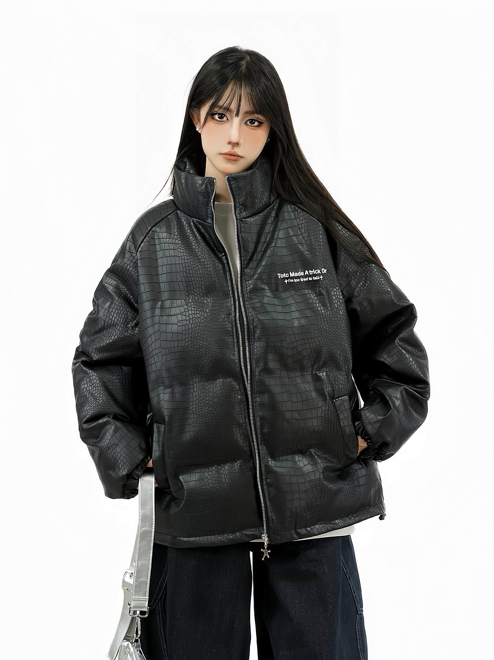 Crocodile Skin Pattern Cotton Jacket with Striped Webbing for Couples - Thickened Winter Coat, Trendy National Style Crocodile Skin Pattern Cotton Jacket with Striped Webbing for Couples - Thickened Winter Coat, Trendy National Style