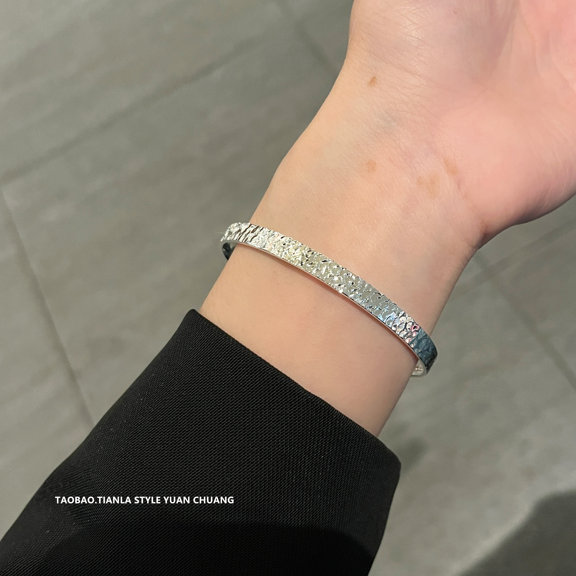 Crushed Ice Cuff Bracelet for Women, Solid Open Design, Pure Silver Bangle, 2025 Light Luxury High-End Jewelry