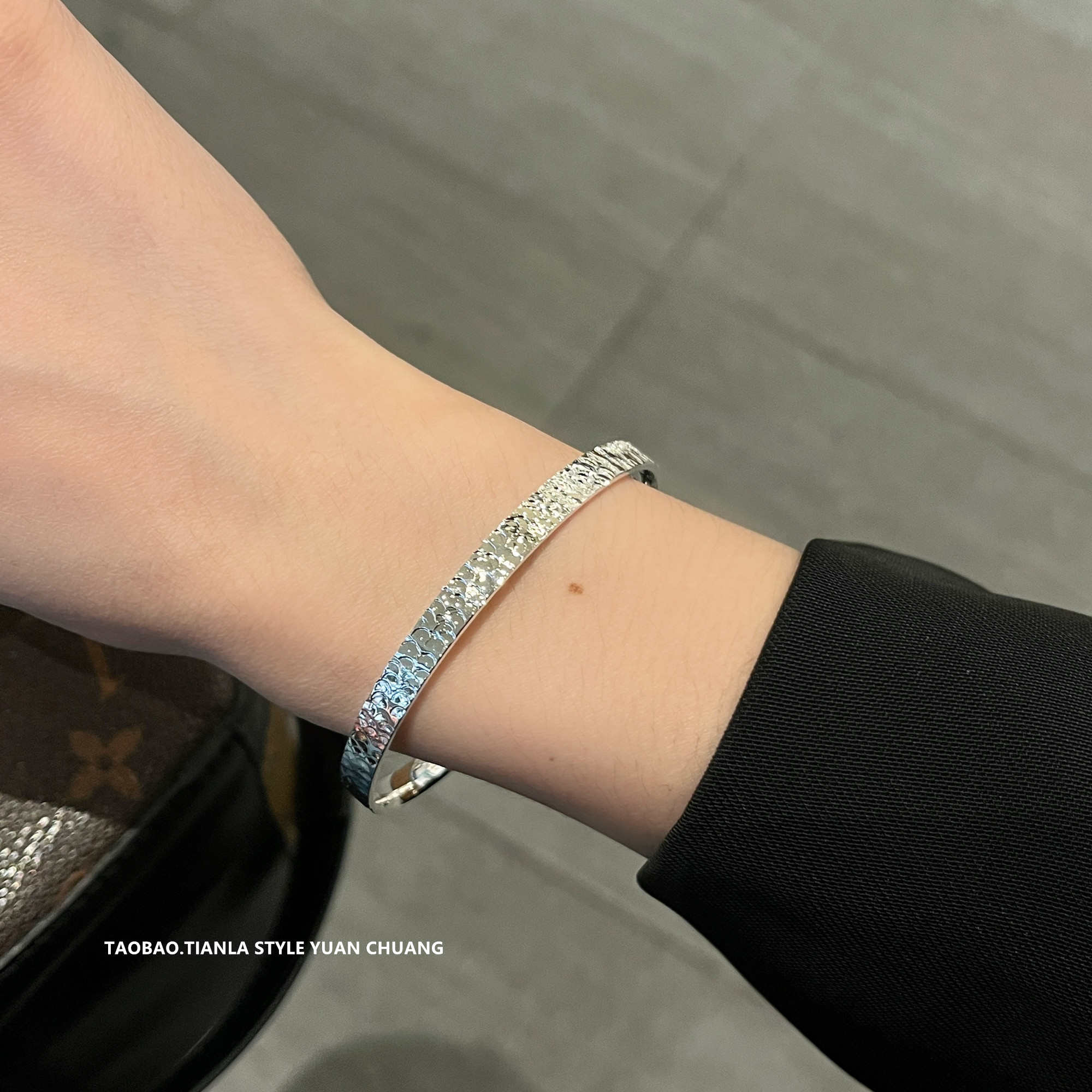 Crushed Ice Cuff Bracelet for Women, Solid Open Design, Pure Silver Bangle, 2025 Light Luxury High-End Jewelry