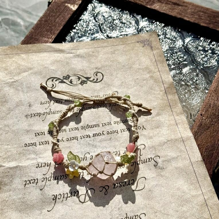 Crystal Pink Yellow Macrame Bracelet - Boho Chic Jewelry, Handmade Style, Perfect for Layering and Everyday Wear