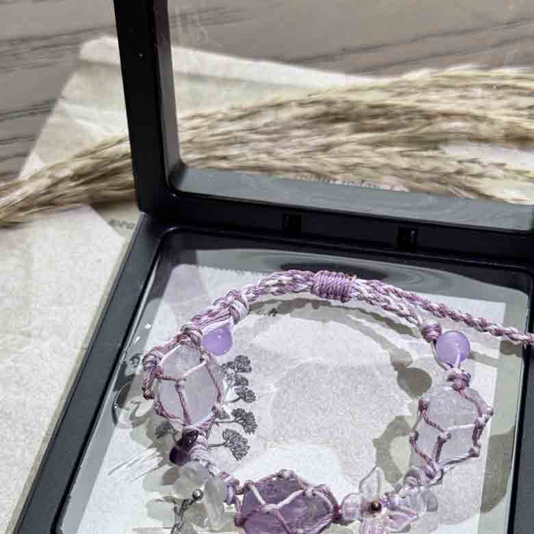 Crystal Purple Macrame Bracelet - Boho Chic Jewelry, Handmade, Unique Design, Trendy Accessory for Women