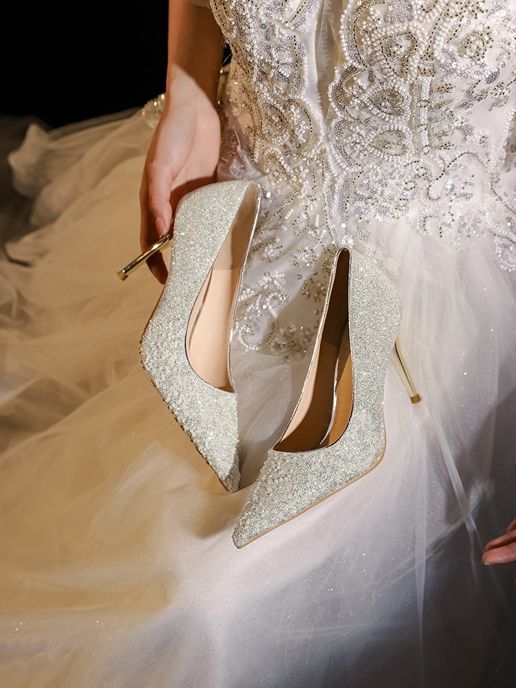 Crystal Sequined High Heels for Petite Brides - Dual-Use Wedding Shoes for Xiuhe Dress & Banquet, Elegant 90s Style