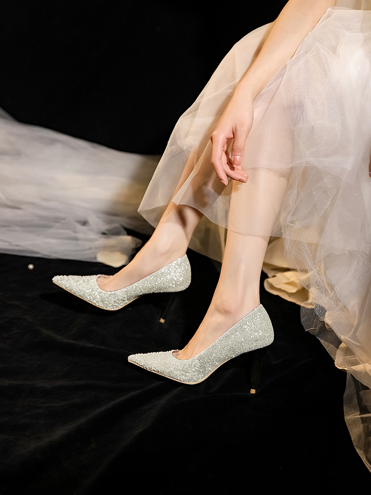 Crystal Sequined High Heels for Petite Brides - Dual-Use Wedding Shoes for Xiuhe Dress & Banquet, Elegant 90s Style Crystal Sequined High Heels for Petite Brides - Dual-Use Wedding Shoes for Xiuhe Dress & Banquet, Elegant 90s Style