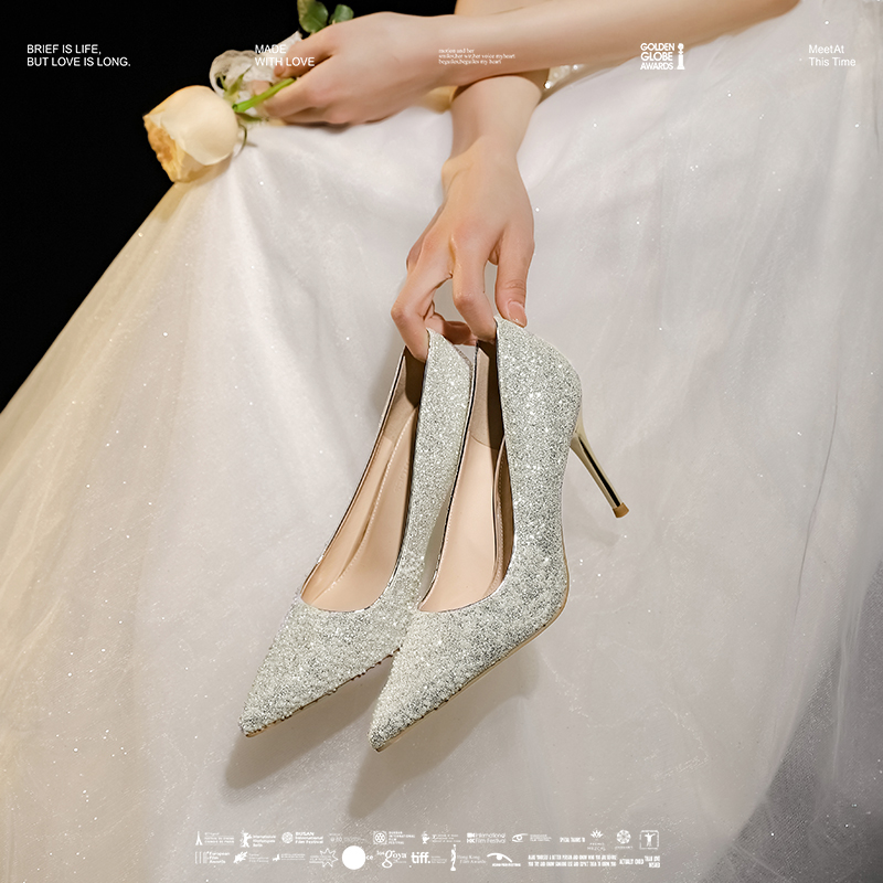 Crystal Sequined High Heels for Petite Brides - Dual-Use Wedding Shoes for Xiuhe Dress & Banquet, Elegant 90s Style Crystal Sequined High Heels for Petite Brides - Dual-Use Wedding Shoes for Xiuhe Dress & Banquet, Elegant 90s Style
