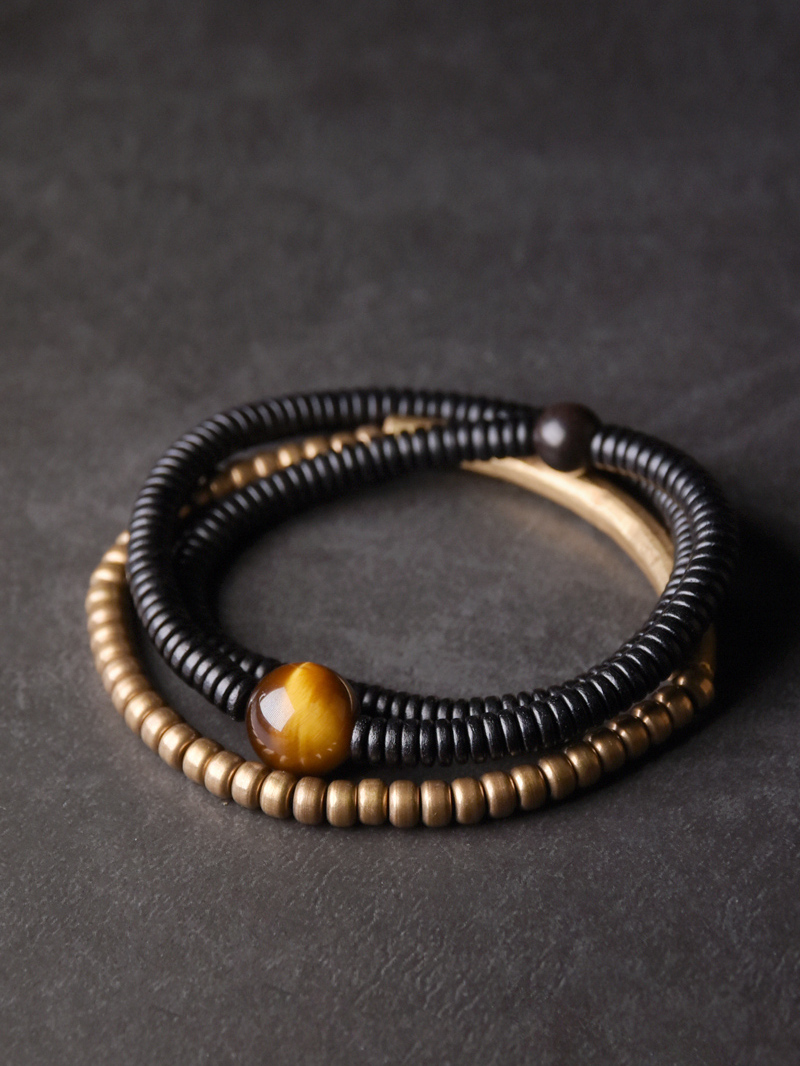 Curved Tail Flower Design Black Wooden Bracelet Set for Women - Retro Multi-Layer Copper Bead Accessories, Versatile Style Curved Tail Flower Design Black Wooden Bracelet Set for Women - Retro Multi-Layer Copper Bead Accessories, Versatile Style