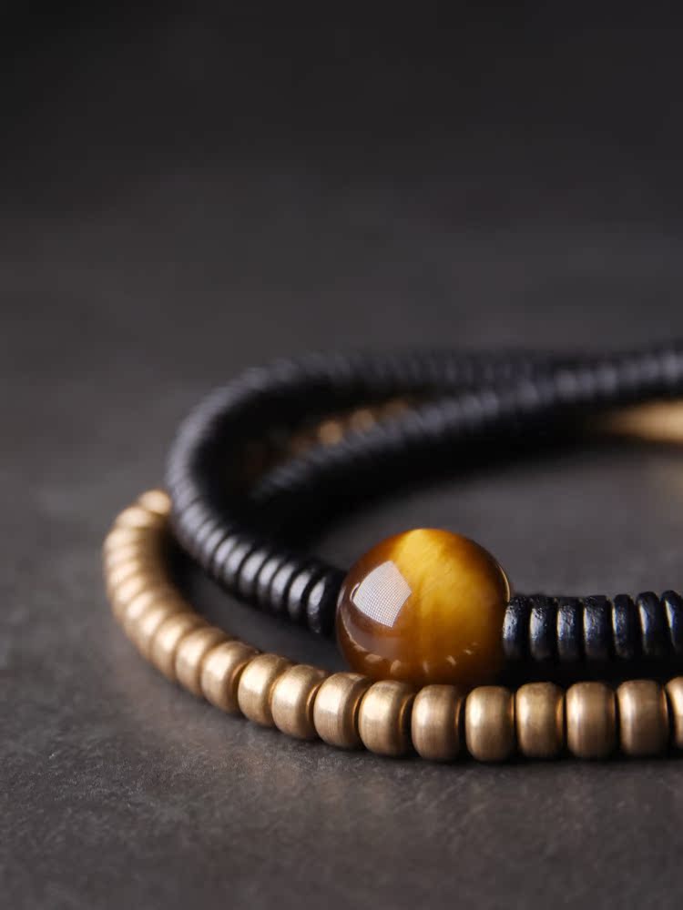 Curved Tail Flower Design Black Wooden Bracelet Set for Women - Retro Multi-Layer Copper Bead Accessories, Versatile Style Curved Tail Flower Design Black Wooden Bracelet Set for Women - Retro Multi-Layer Copper Bead Accessories, Versatile Style