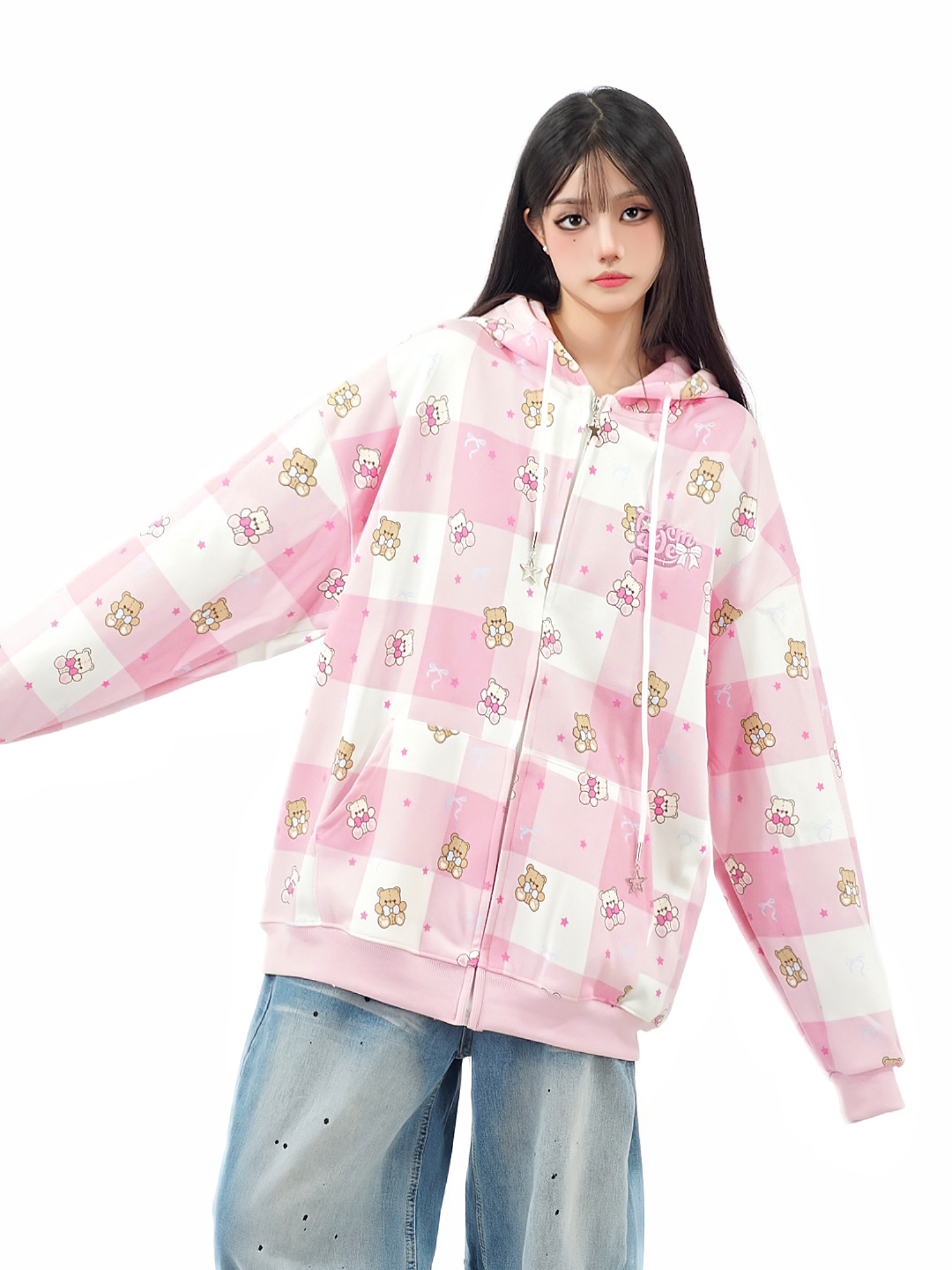 Cute Bear Full Print Color Block Plaid Hooded Zipper Cardigan for Women - Autumn Loose Fit Jacket, Y2K Casual Style