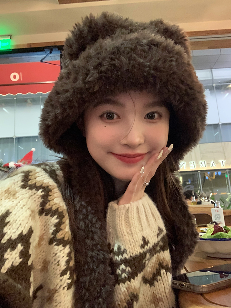 Cute Bear Plush Hat for Women - Adorable Face Design, Small Ear Protection - Autumn Winter 2025 Fashion Accessory Cute Bear Plush Hat for Women - Adorable Face Design, Small Ear Protection - Autumn Winter 2025 Fashion Accessory